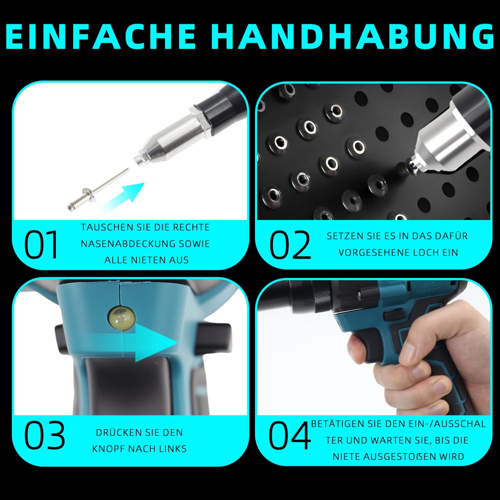 Rivettatrice a batteria senza spazzole con luce LED, compatibile con batterie agli ioni di litio Makita da 18 V, ideale per cantieri, riparazioni auto e fai da te, senza batteria