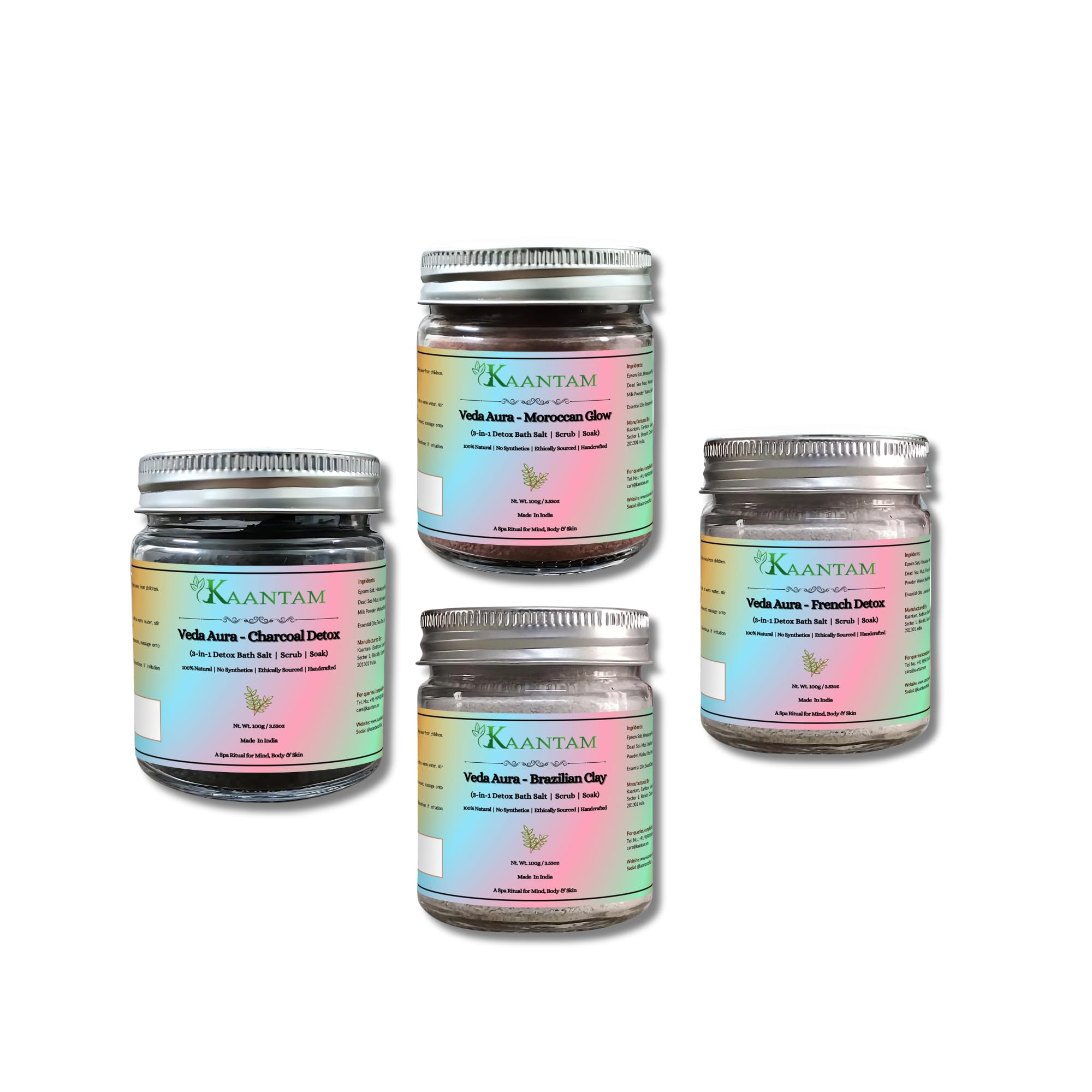 Veda Aura Bath Soak Set of 4 | Natural Blend with Epsom & Himalayan Pink Salt, Clays & Essential Oils | For Tub, Foot Soak, Scrub & Self-Care Rituals-image-42