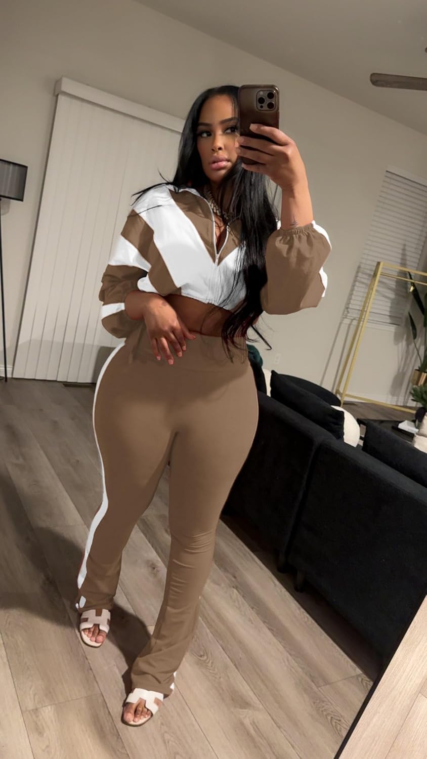 Vssjavun Women 2 Piece Outfit Color Block Long Sleeve Zip Drawstring Cropped Jacket Bodycon Long Pants Set Sweatsuit - Image 3