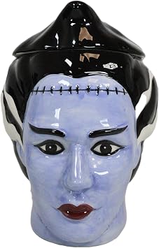 Ebros Gift Ceramic Ghastly Mrs Frankenstein Bride Skull Cookie Jar Decorative Figurine 8.25" Tall Ossuary Macabre Dead Graveyard Grinning Skulls Zombies Undead Halloween Kitchen Decor Accessory