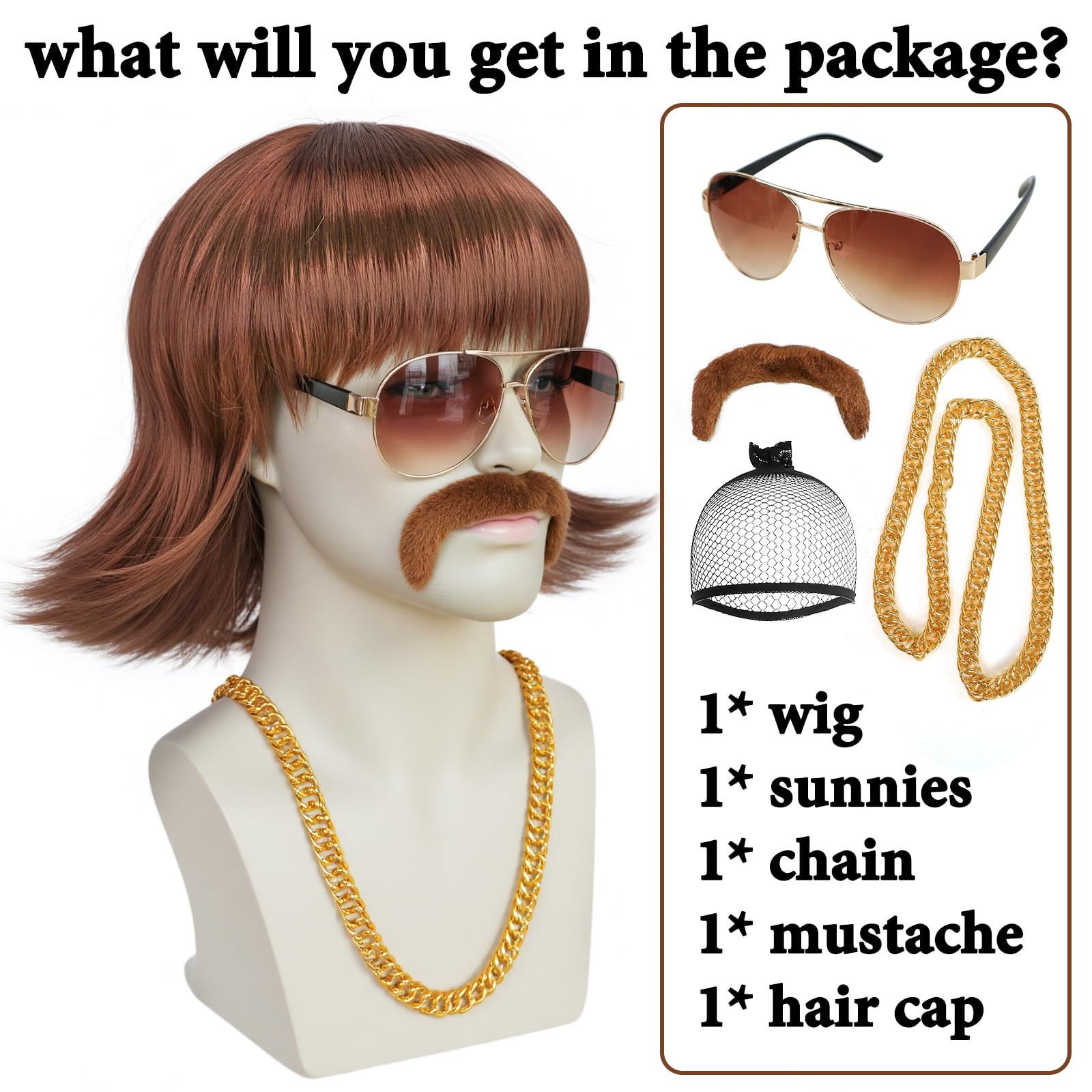 BEKIDER 5PCS Disco Wig Set (Glasses+Chain+Mustache+Hair Cap) 70s Wigs for Men Retro 80s Outfit Shaggy Brown Wigs Mens Wig 70s Outfits Halloween Party Costume - Image 2
