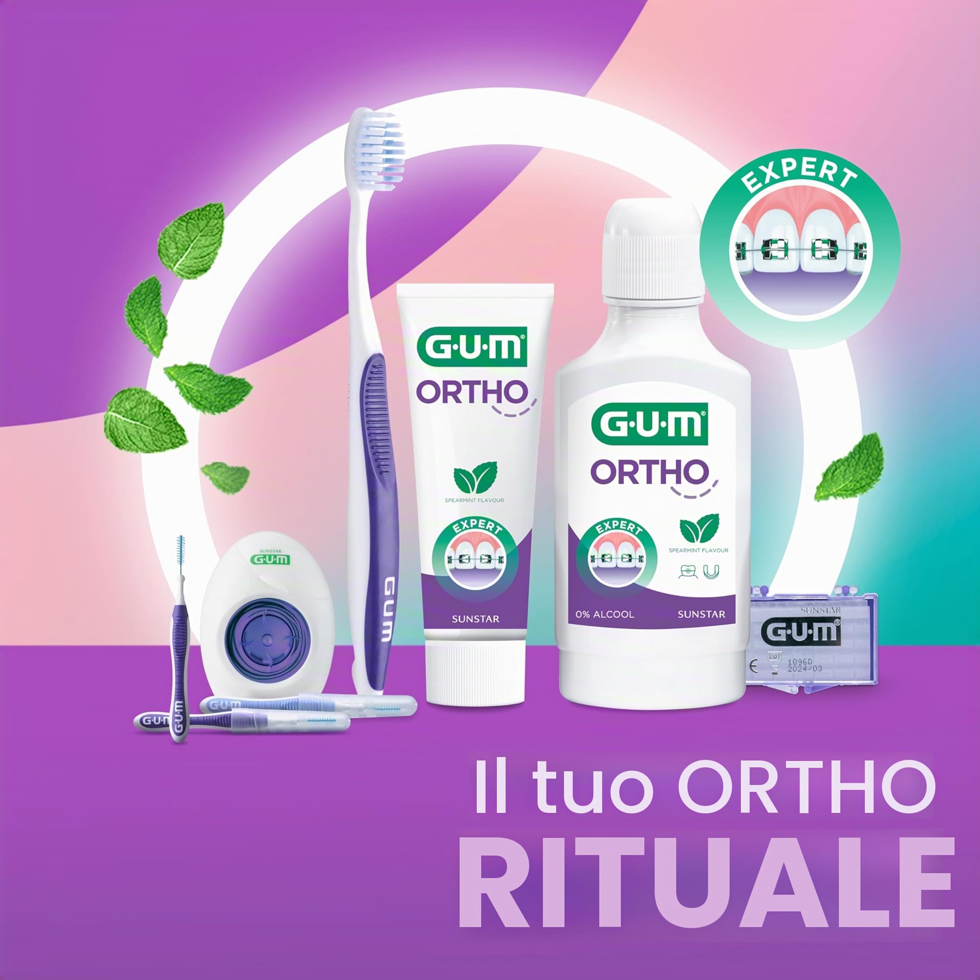 Spazzolino manuale GUM ORTHO | Setole morbide a forma di V | Ideale per apparecchi ortodontici | Manico antiscivolo | Cappuccio da viaggio | 4x1 pezzi (con 2 campioni omaggio)