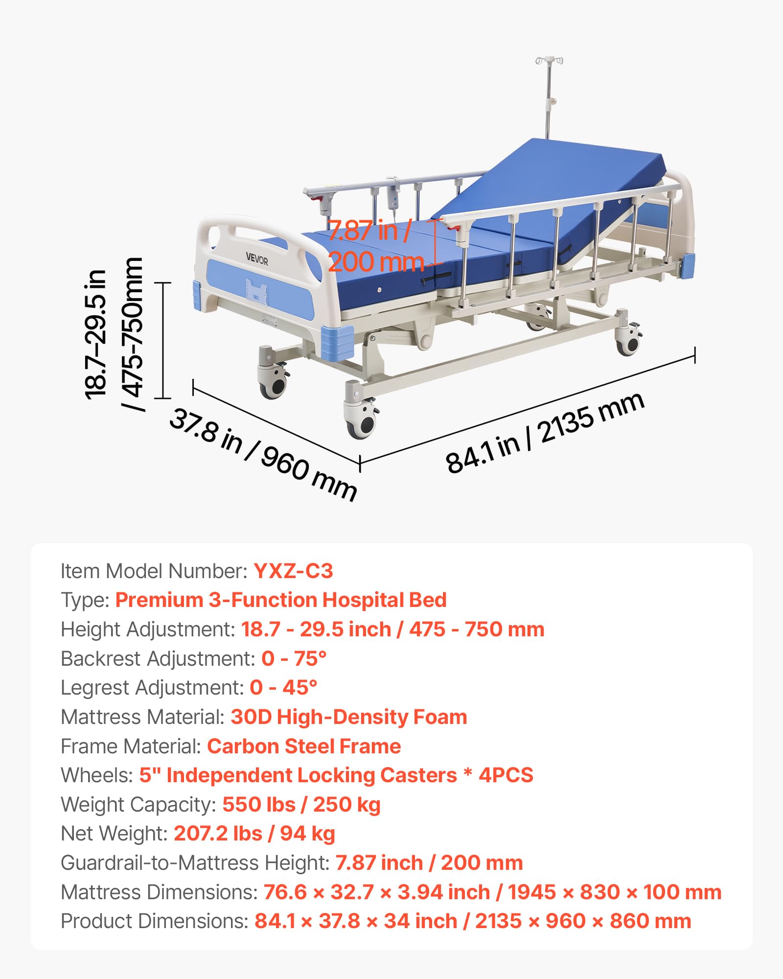 VEVOR Letto Ospedaliero Elettrico per Degenza Letto Ospedaliero Capacità di Carico 250 kg per l'Assistenza Domiciliare, Angolo Schienale Regolabile 0-75° Altezza Regolabile 475-750mm 3 Funzioni