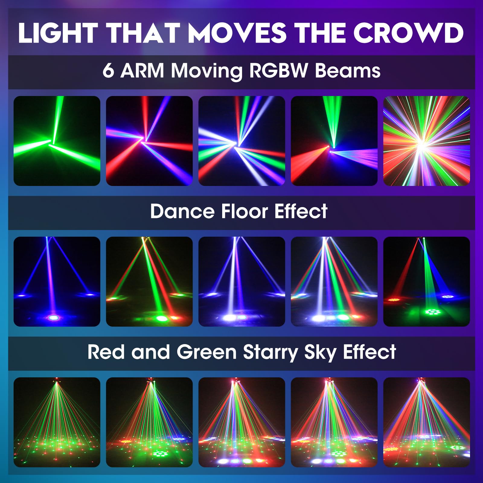 80W Moving Head LED mit Fernbedienung, RGBW 4-in-1 Discolicht Partylicht, 6 Lichtarme + Bienenauge Effekt, DMX512 Soundaktiviert für DJ Bar Partyclub Bühnenbeleuchtung