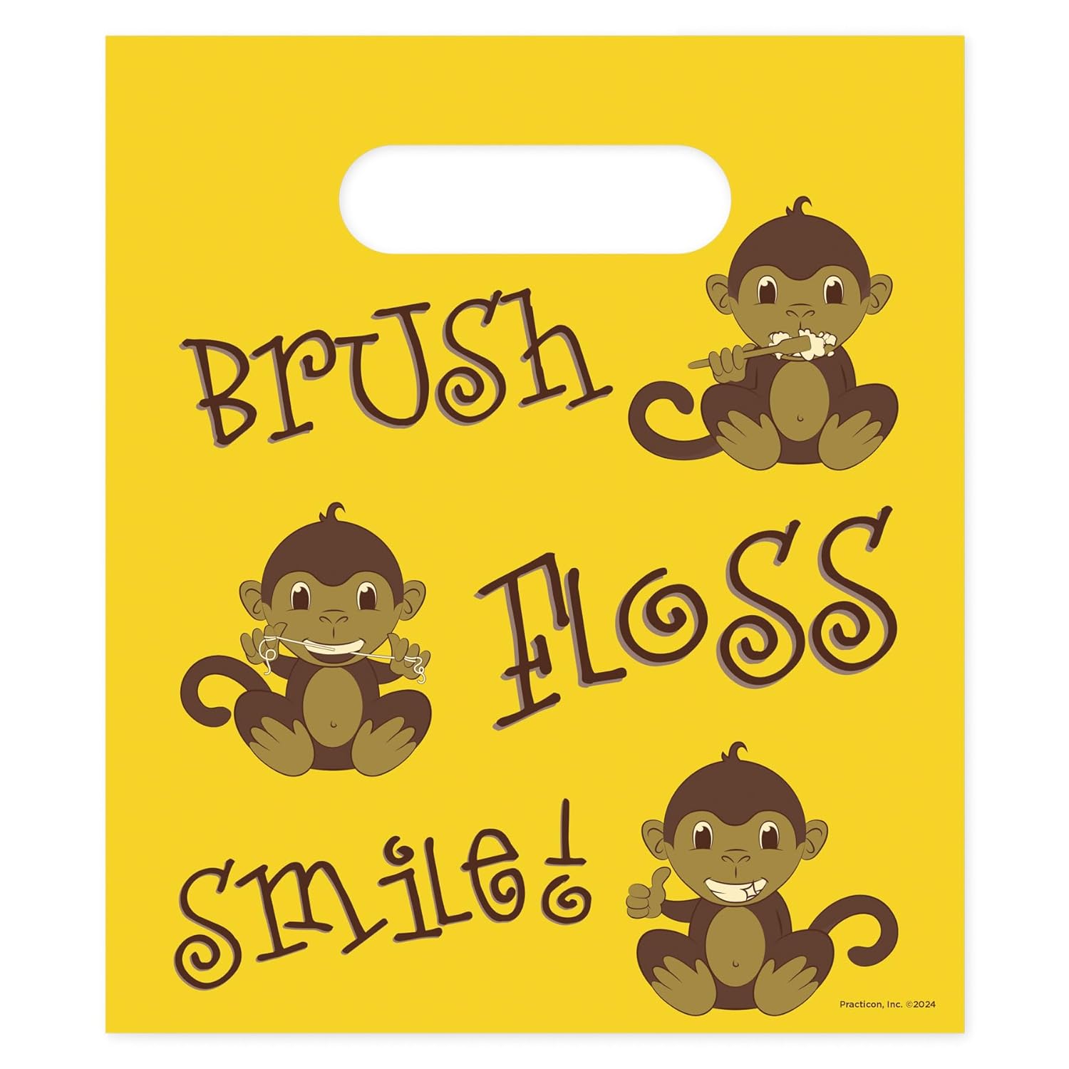 Practicon 1109658 Brush Floss Smile Monkey Bag, 7 3/4" x 9", Pack of 100