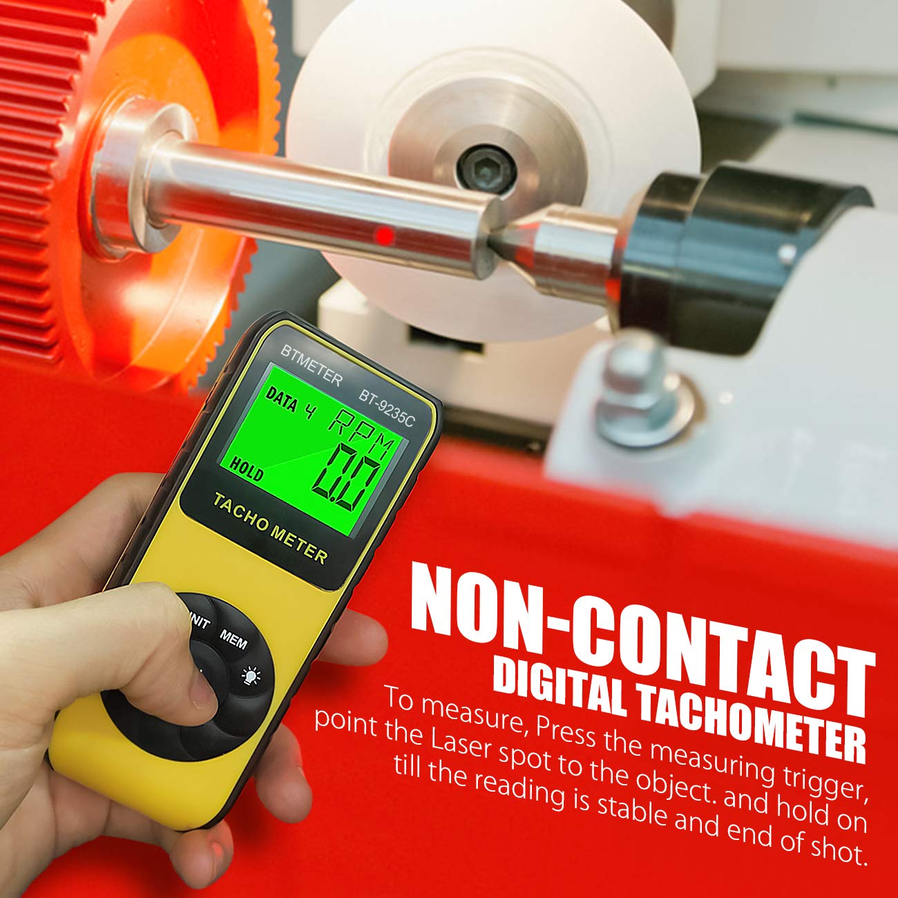 BTMETER BT-9235C Digital Tachometer performing a non-contact measurement