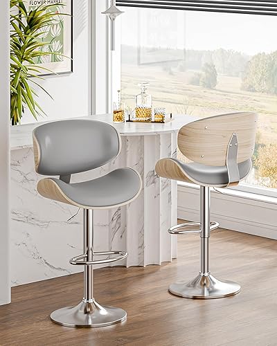 Miniatura 6 de Juego de 2 taburetes de bar ajustables de cuero giratorios para isla de cocina, sillas de bar modernas de mediados de siglo, taburetes de bar con
