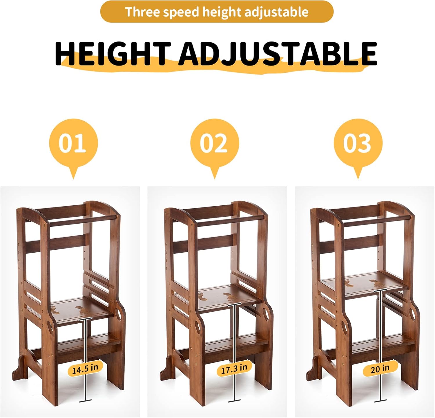 UNICOO Bamboo Height Adjustable Kids Kitchen Step Stool, Kids Learning Stool, Toddlers Stool, Toddler Standing Tower, Safe Step Stool for 1-5 Years Old Kids, Counter Step (M2.5-Antique Oak)