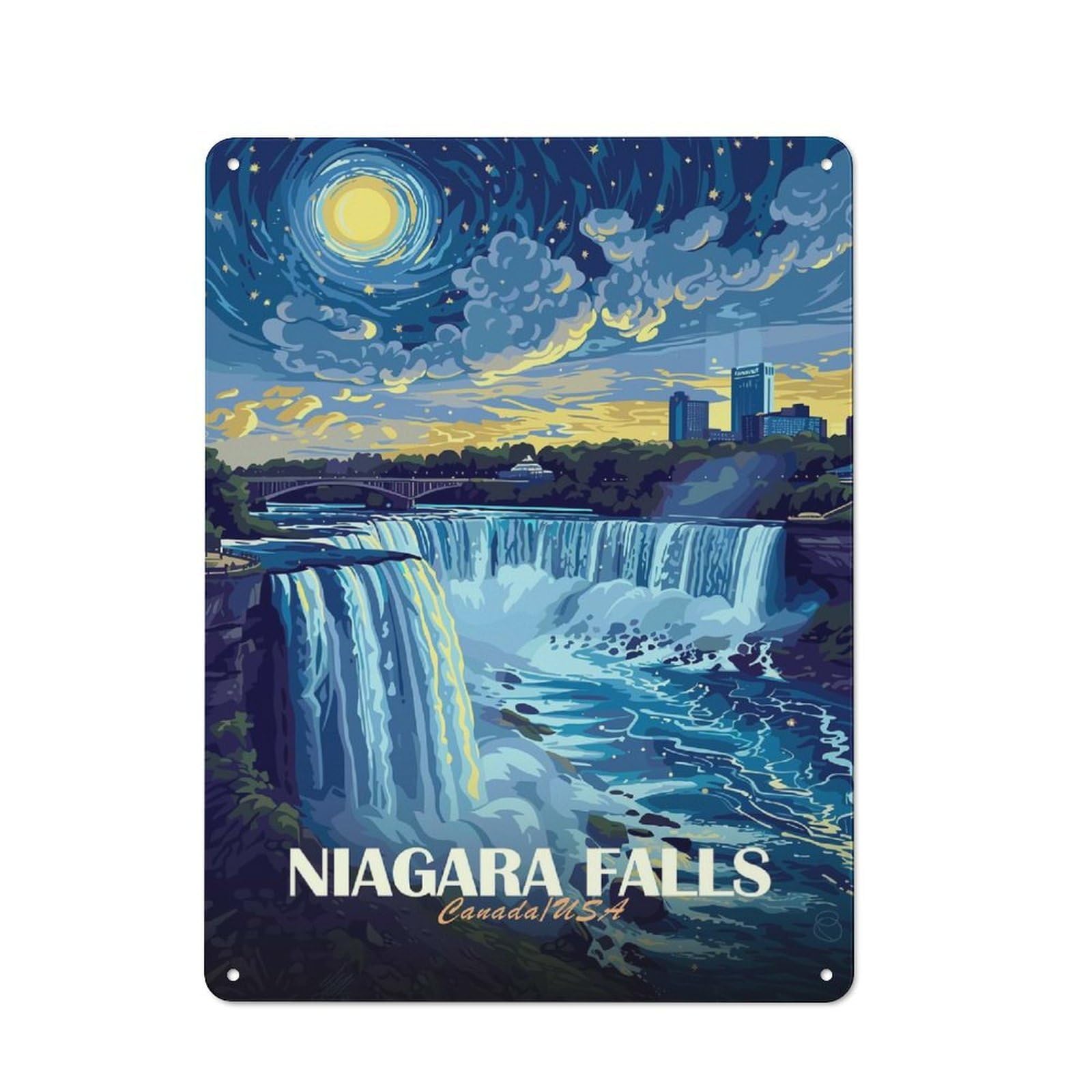Junmoney Style-13 Niagara Falls At Night Illustration Metal Wall Sign 40X30cm, Vintage Decor For Hallway Wall, New-Space Wall Decor For New Home Decorators