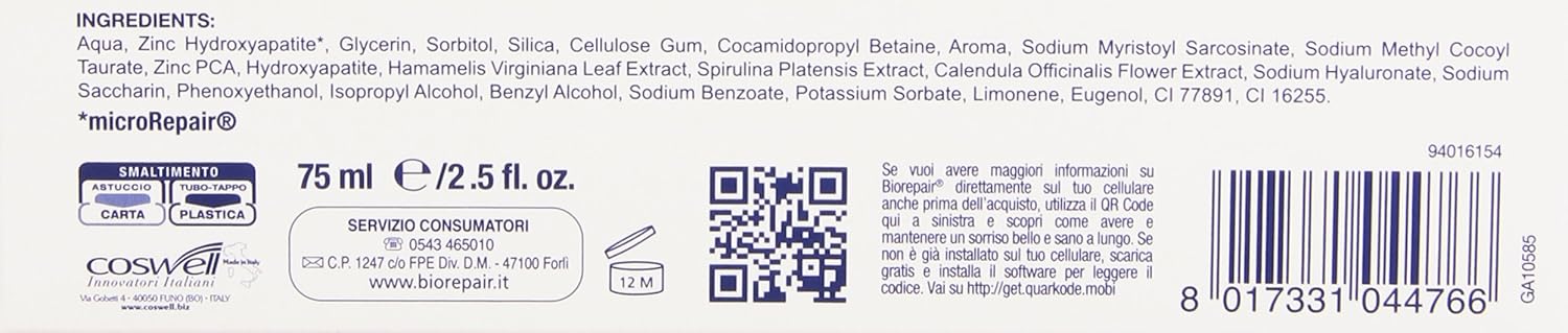 Biorepair: "Protezione Gengive" (Gum Protection) Toothpaste with microRepair * 2.5 Fluid Ounce (75ml) Tube * [ Italian Import ]