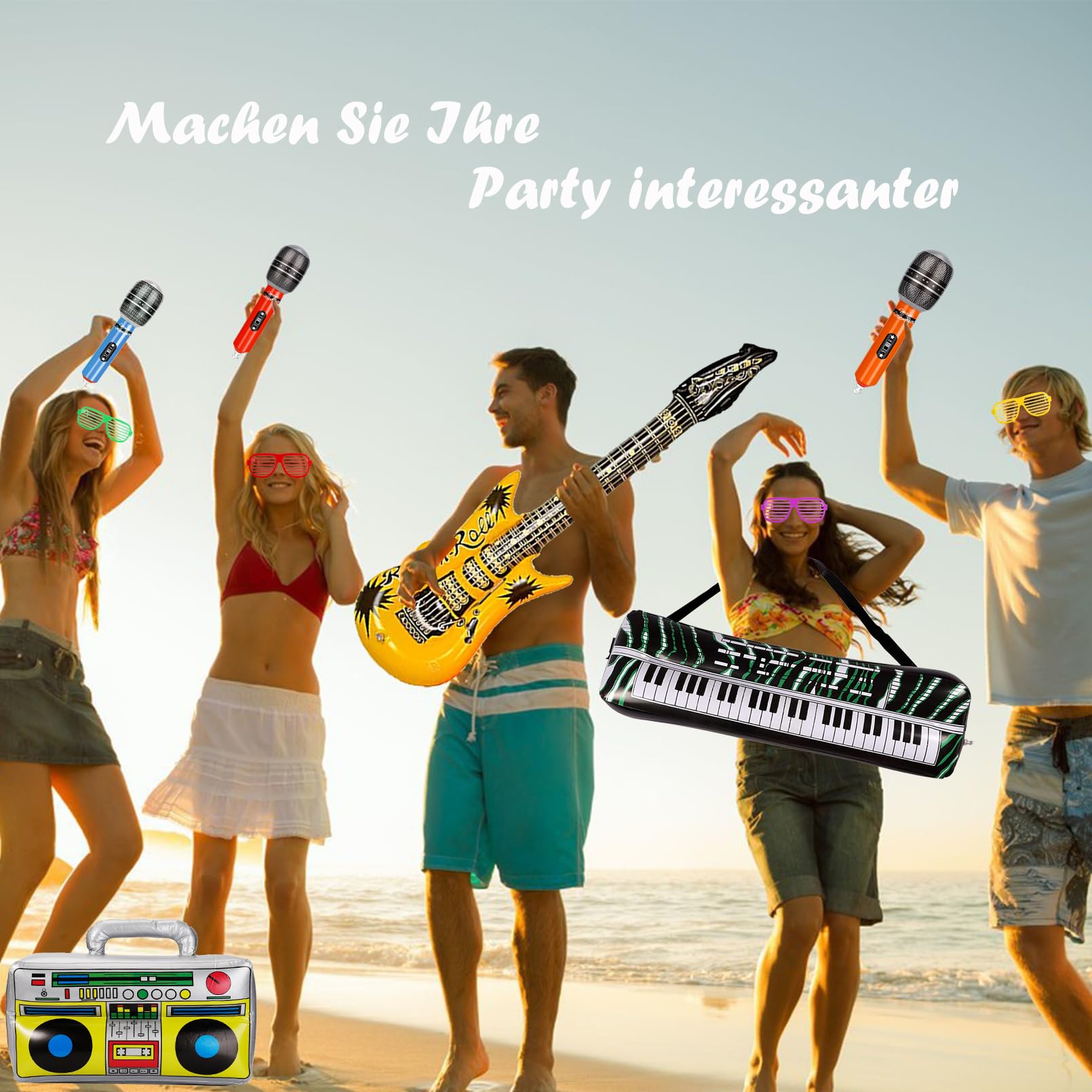 smilixin 22 Stück Aufblasbare Instrumente Spielzeug Set,Buntes Aufblasbare Gitarre Aufblasbares Saxophon Mikrofon Shutter Shading Gläser,Aufblasbare Musikinstrumente Party Props für Kinder