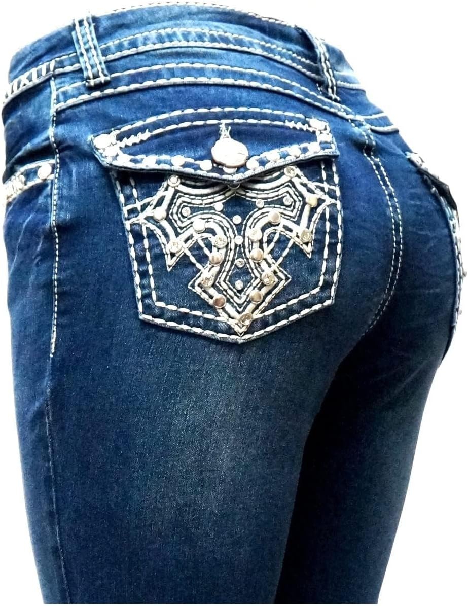 Jack David Woman’s Bootcut Jeans Blue Stretch 5-Pocket Premium Denim Jeans Embellished Rhinestone mid Rise Boot Cut. - Image 2