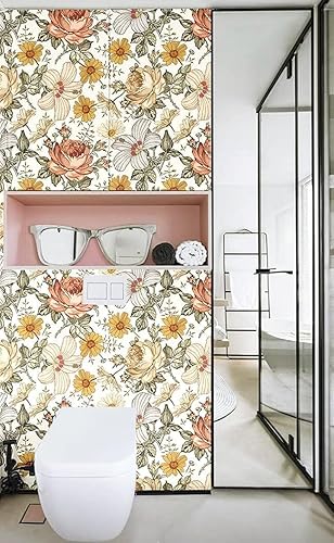 Miniatura 4 de Blooming Wall Papel tapiz autoadhesivo y removible de margaritas de peonía multicolor, decoración de pared, 14.5 pies cuadradosrollo (17.7 x 118