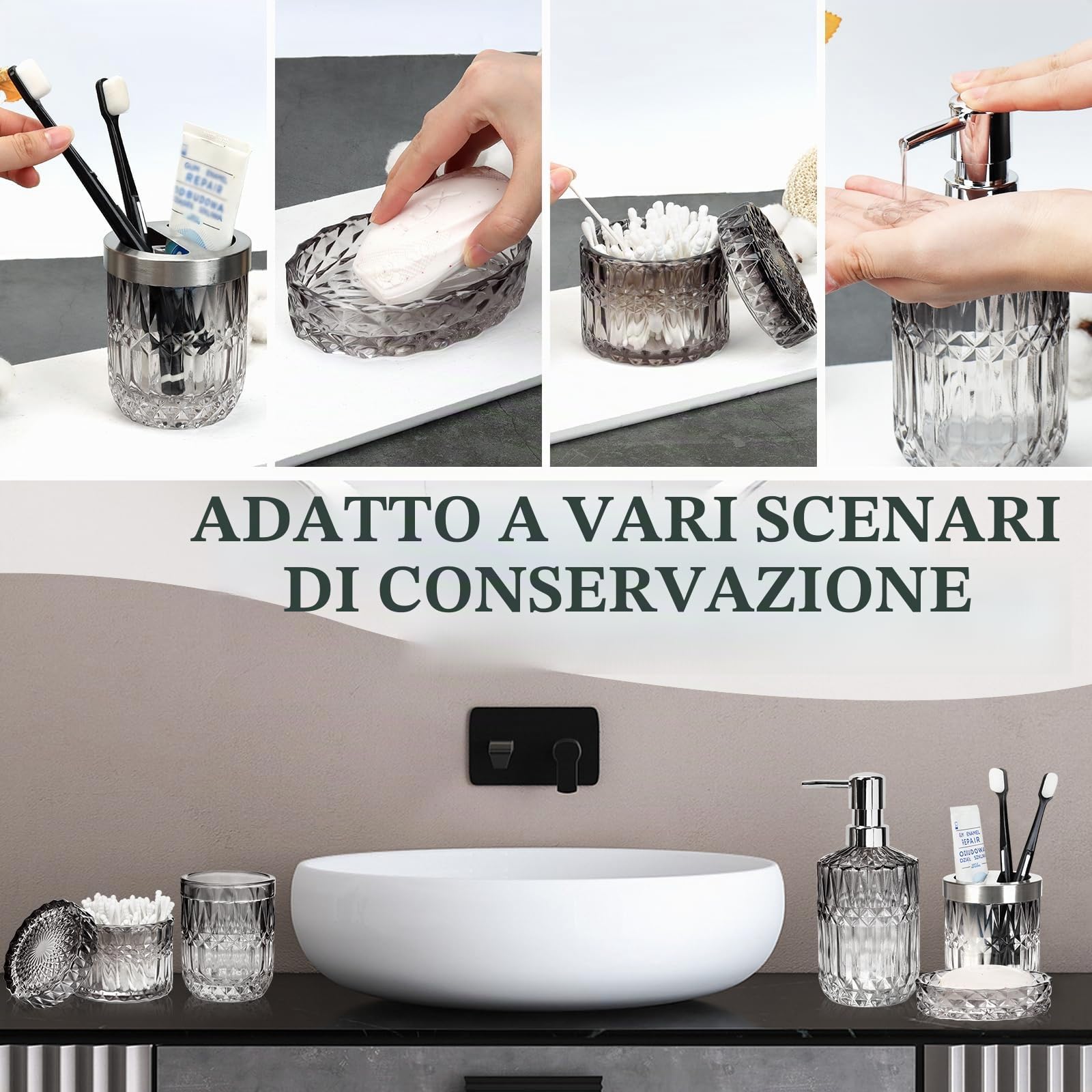 Set di 5 accessori da bagno in vetro – moderno dispenser di sapone, portasapone, portaspazzolino, bicchiere e barattolo per cotton fioc | Organizer da bagno dal design elegante (sfumato nero e