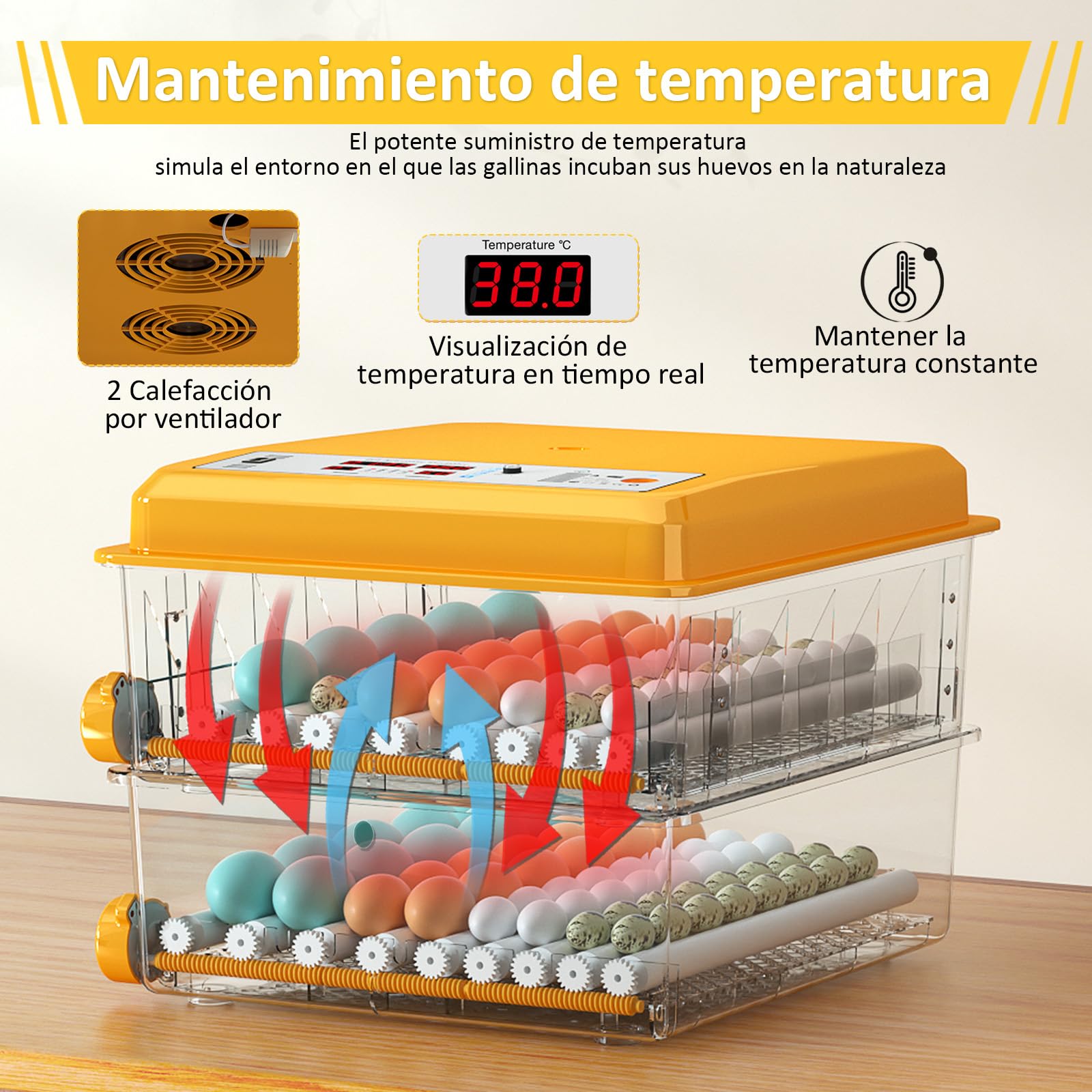 Incubadora Huevos Gallina para 120 Huevos, Incubadora con Volteo Automático y Monitor de Humedad, Control de Temperatura, 5 Modos de Incubación Automáticos y Registro de Días de Incubación