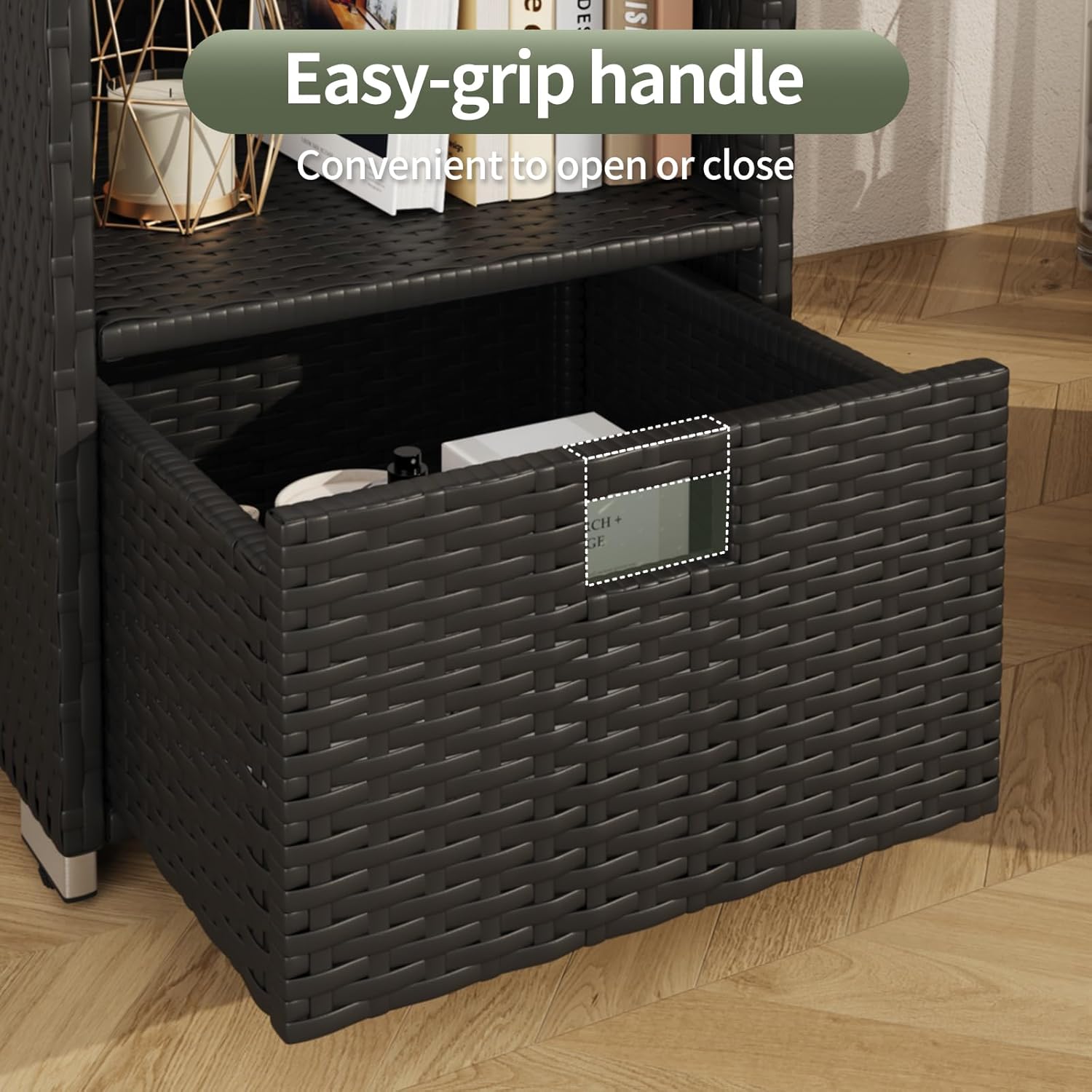 Rattan Outdoor Pool Towel Rack Cabinet, Wicker Pool Storage Bins Storage Organizer, 2 Layer Shelf Hot Tub Spa Accessories, 45in, Black