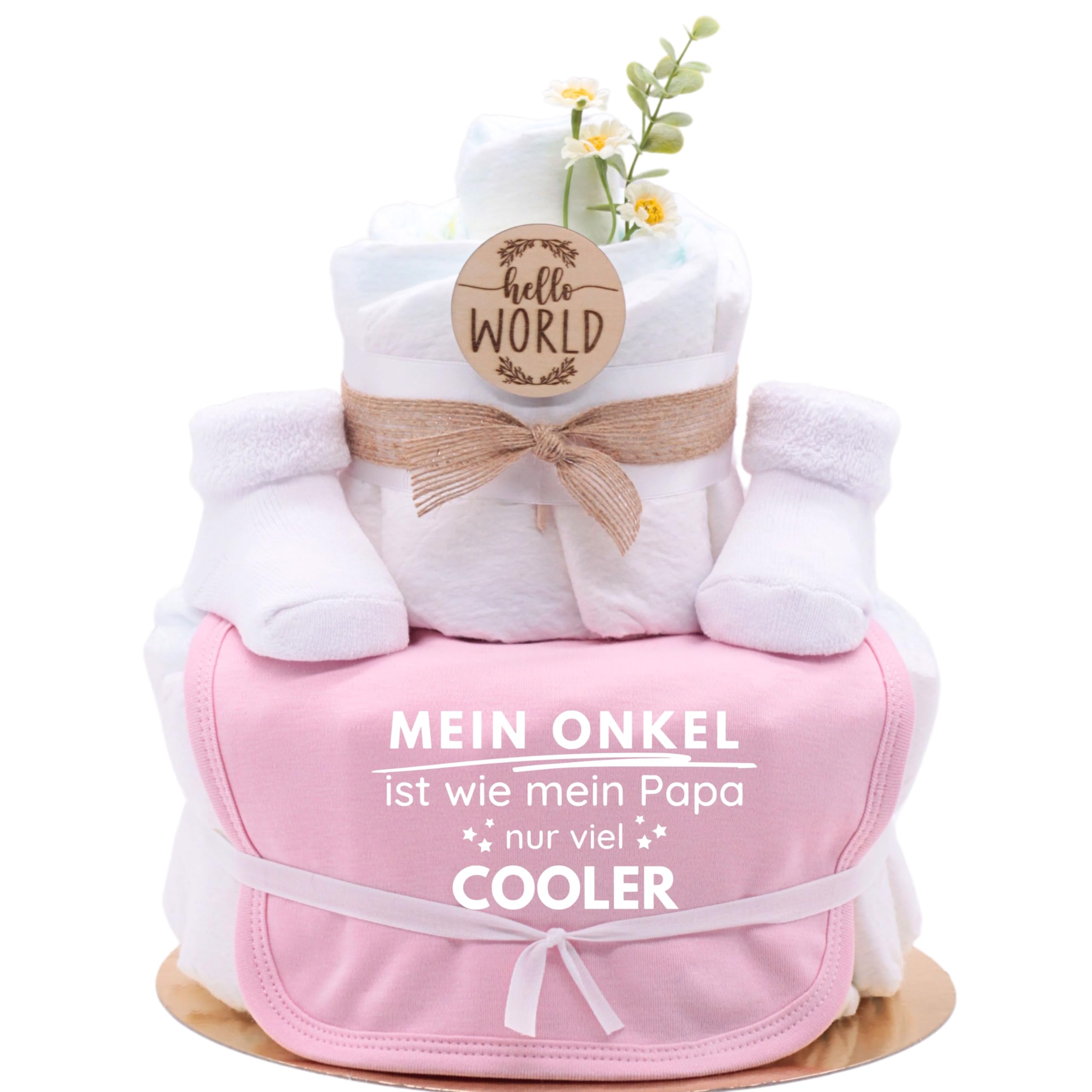 Trend Mama | Windeltorte | rosa | Spruch wählbar | 27 Windeln (Größe 2), Baby Lätzchen, Kuschelsocken |Geschenk Geburt (Design| Mein Onkel ist wie mein Papa nur viel cooler)
