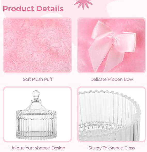 Glass Dusting Powder Container Set, Powder Container with 3 Large Body Powder Puffs, Crystal Glass Jar with Lid & Decorative Ribbon Bow Puffs, Washable Powder Makeup Tools