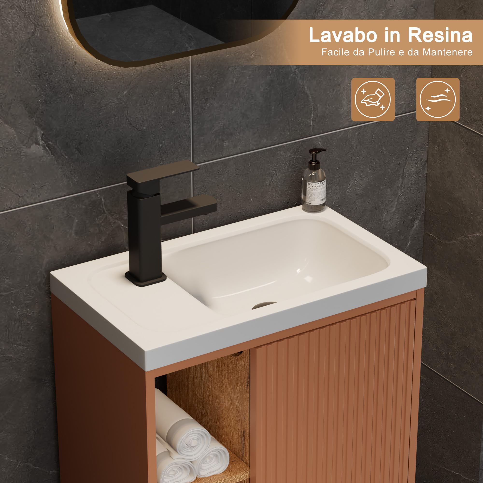 UEV Mobile Bagno con Lavabo in Resina, Mobiletto Bagno Sospeso con Unico Design e Praticità, Motivo a Righe Verticali, 50,5 x 30 x 50 cm, Rosa
