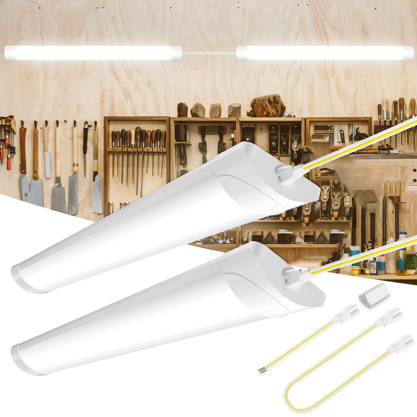 papasbox Linkable LED Batten Light,6500K Daylight LED Fluorescent Strip Fitting for Garage,Workshop,Office,Wall,Kitchen,Shed,IP65 Waterproof Plug in Ceiling Light Strip,3FT,90cm,30W-2pcs