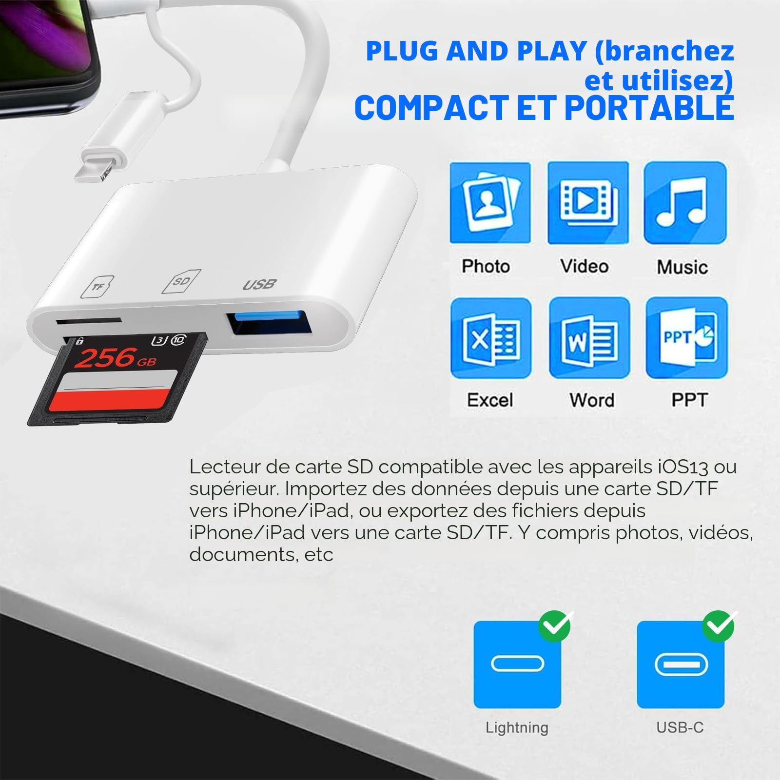Lecteur Cartes SD pour iPhone 16/15/iPad, Apple MFi Certified, Lightning USB-C Adaptateur SD/Micro SD/USB
