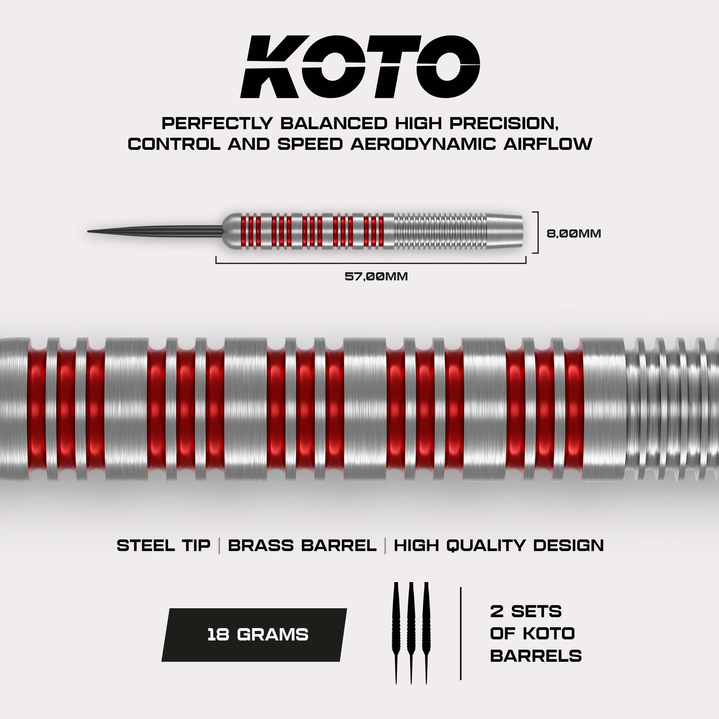 KOTO - Straight Silver Red Lotki do Darta z Mosiądzu, 18G, Steeldarts | 18G Steeldarts, 6 Baryłek, 6 Piórek I 6 Trzonków, Wyważenie Centralne, Okrągły Grot, 57mm, 8mm, Karbowany Uchwyt