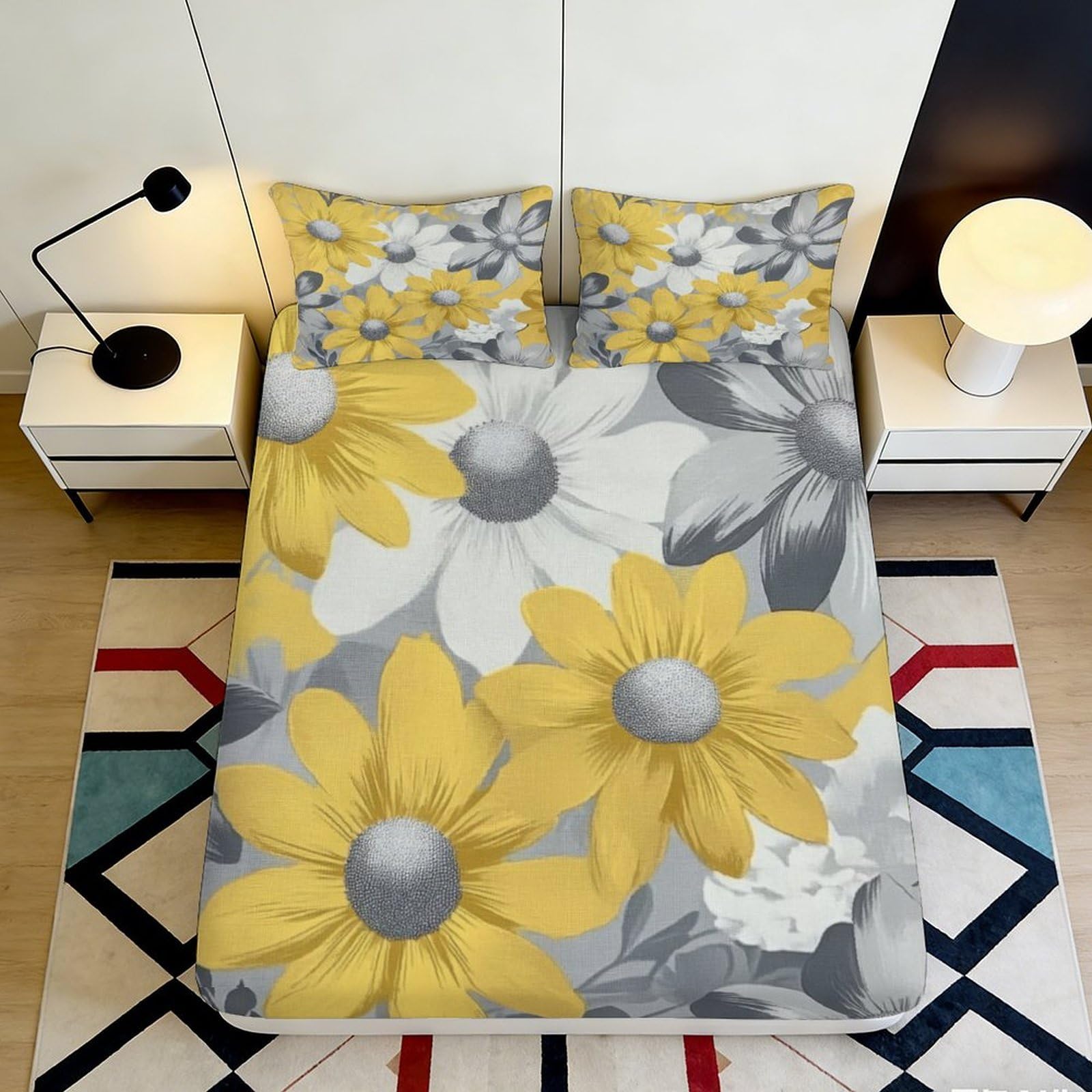 Rqzkjxnhpf Style-1 3D Printed Sunflower Floral Fitted Sheet Microfiber Non-Slip Deep Pocket Bedroom Bedding Sunflower Mattress Fitted Cover Washable 200X200x25cm 90X200x25cm