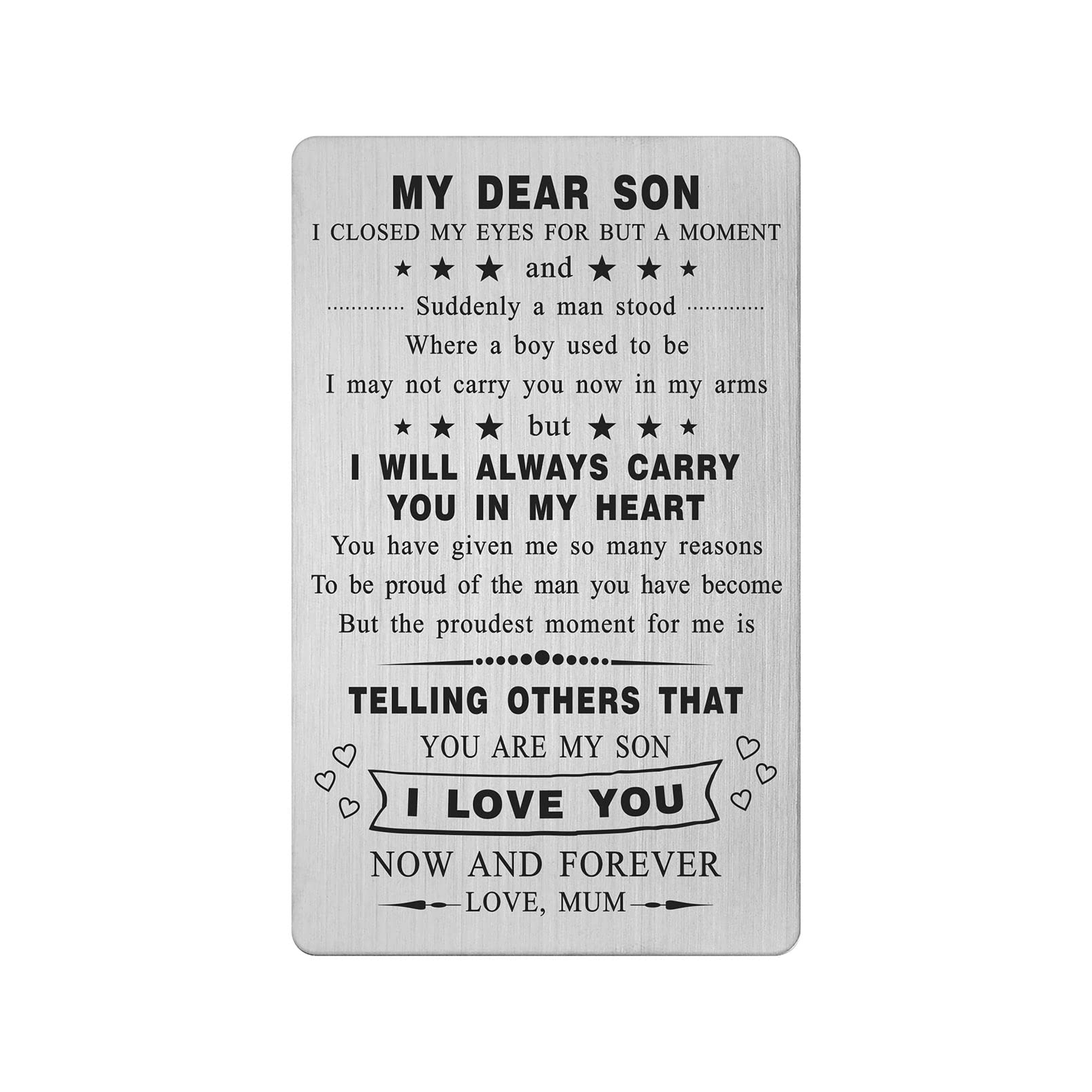 I Love You Son Fathers Day Card Gifts from Mum, To My Son Birthday Card Gift from Mother, Engraved Wallet Insert Card for Boy