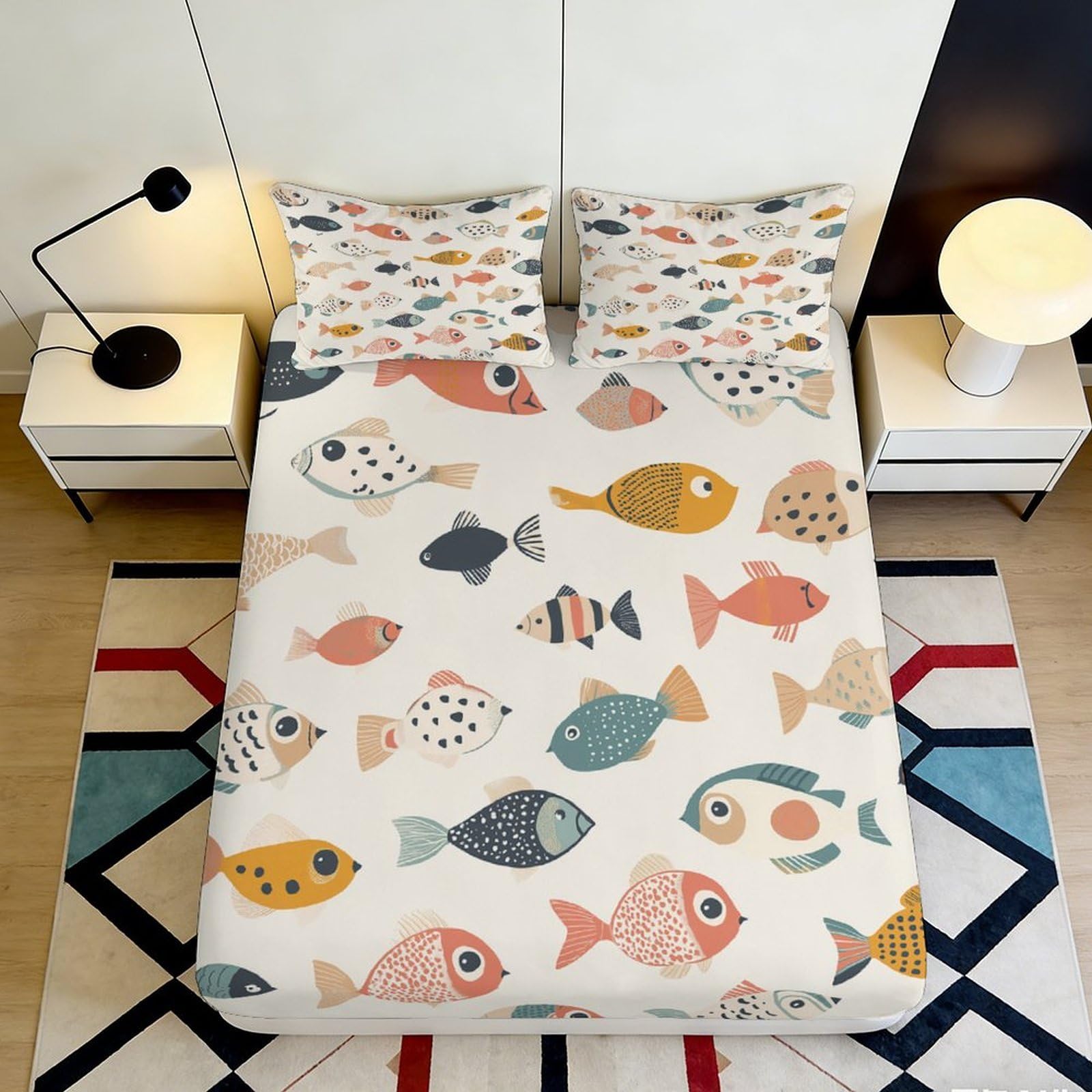 3D Printed Fish Ocean Fitted Sheet Microfiber Soft Breathable Underwater World Mattress Cover for Bedroom Guest Room Decor 90x200x25cm