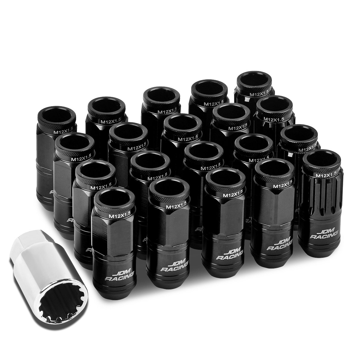 DNA MOTORING LN-ZTL-9015-15-BK 16Pcs M12 x 1.5 21mm OD/50mm Height Aluminum Open End Lug Nuts w/ 4 x Lock Nut, 1 x Lock Nut Key (Black)