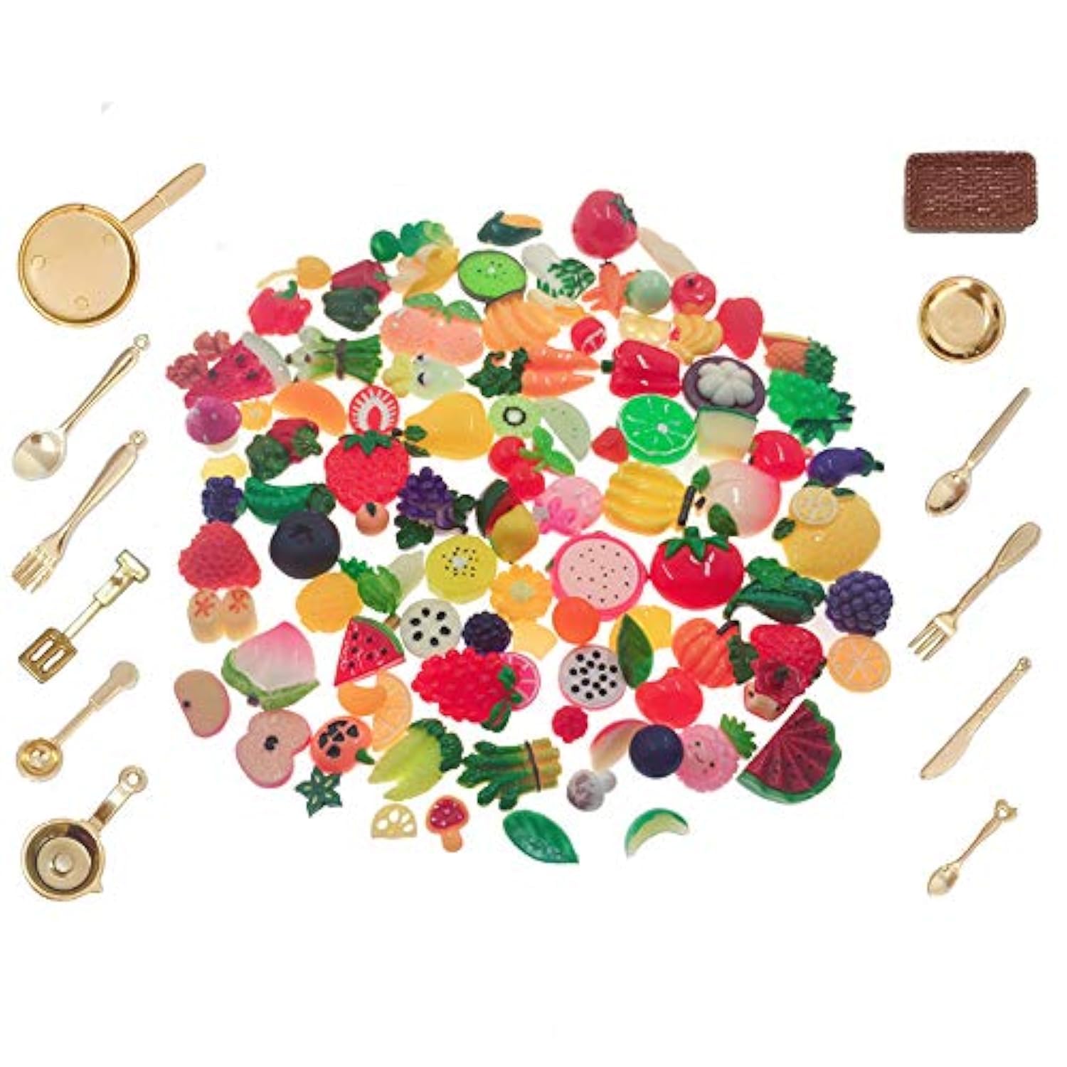 Miniature Food 112pcs Mixed Resin Fruit & Vegetable Kitchenware Tableware Set for Children Birthday Party Pretend Play Kitchen Toy Doll House DIY Art Decoration
