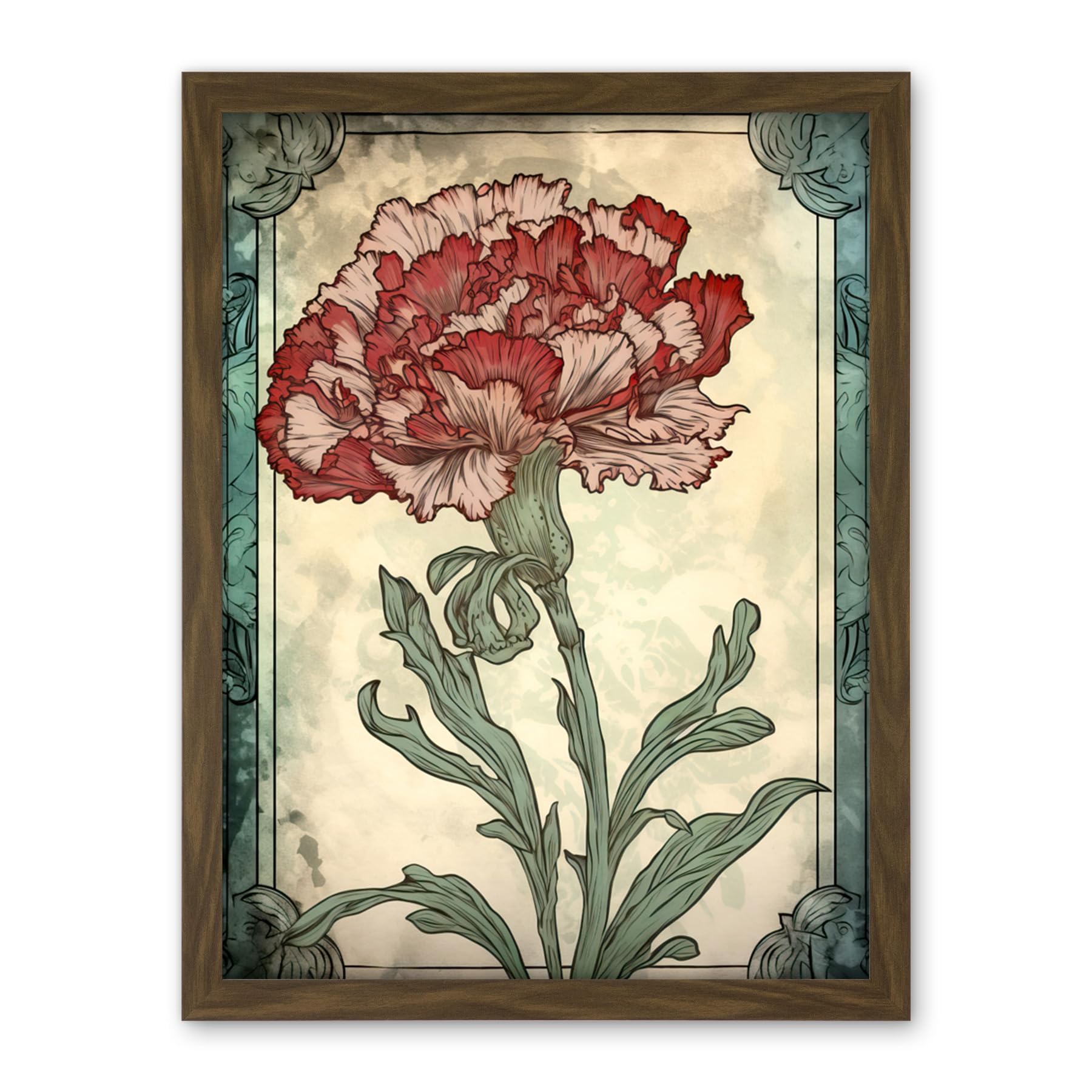 Artery8 Red Carnation Flower Bloom Watercolour Art Nouveau Artwork Framed Wall Art Print 18X24 Inch