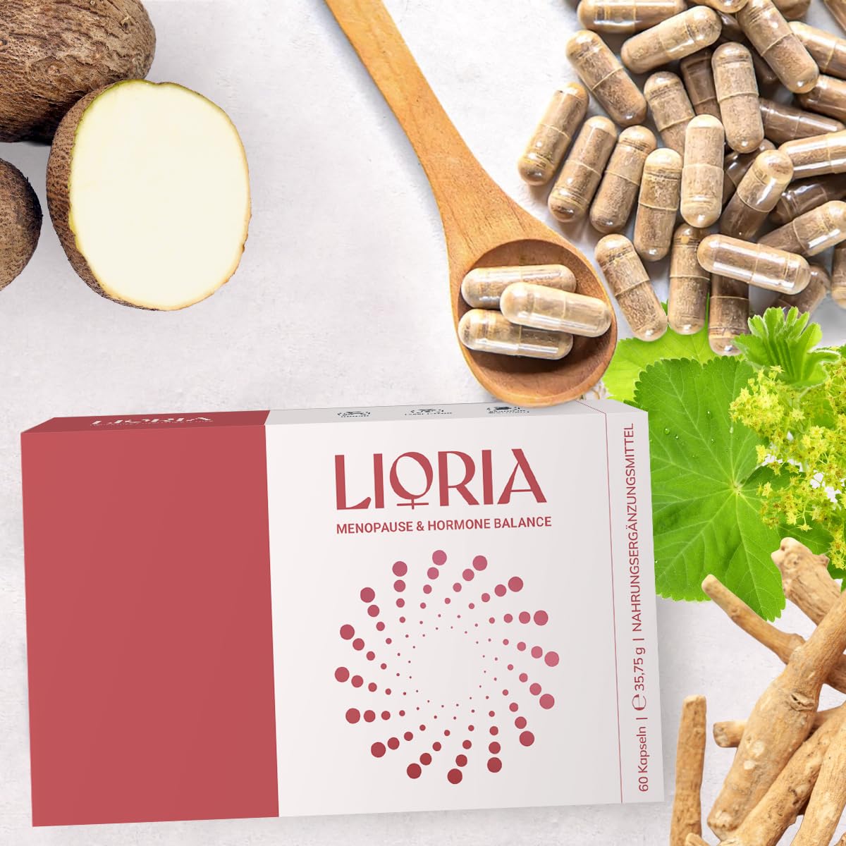 Lioria Wechseljahre Kapseln hochdosiert – Ashwagandha Yamswurzel vegan | Mit Eisen & B12 gegen Müdigkeit – Ashwagandha, Yamswurzel, Frauenmantel – vegan, laborgeprüft – 60 Kapseln, 30 Tage