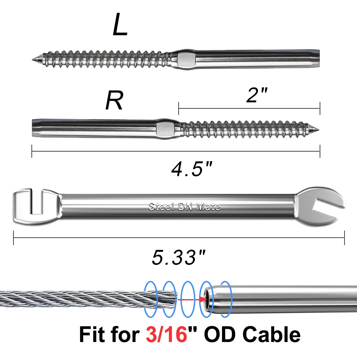 Steel DN Mate 20 Pack 3/16" Swage Lag Screws, T316 Stainless Steel Left & Right Handed Thread, 3/16" Cable Railing Kit for Wood Post, Deck Railing/Stair Railing, DIY Baluster Cable Railing Hardware