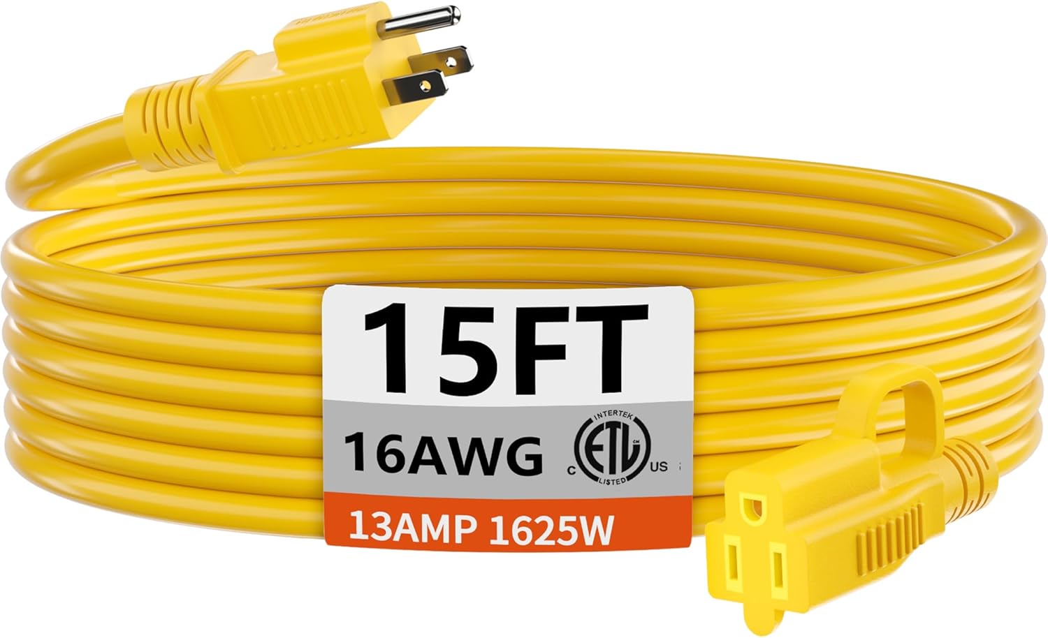 HUANCHAIN Indoor Outdoor Extension Cord 15 ft Waterproof, 16/3 Gauge Flexible Cold-Resistant Appliance Extension Cord Outside, 13A 1625W 16AWG SJTW, 3 Prong Electric Cable Yellow, ETL