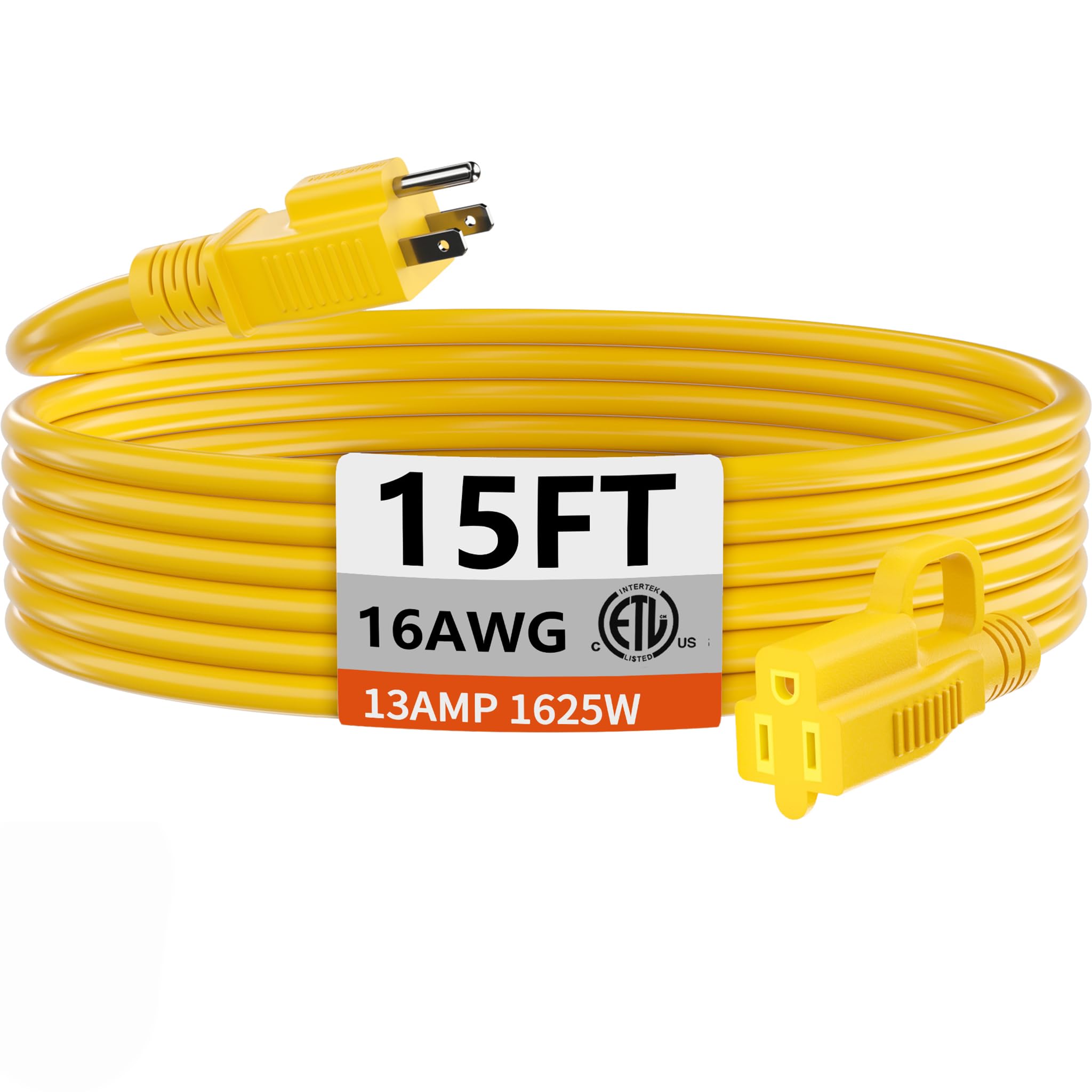 HUANCHAIN Indoor Outdoor Extension Cord 15 ft Waterproof, 16/3 Gauge Flexible Cold-Resistant Appliance Extension Cord Outside, 13A 1625W 16AWG SJTW, 3 Prong Electric Cable Yellow, ETL