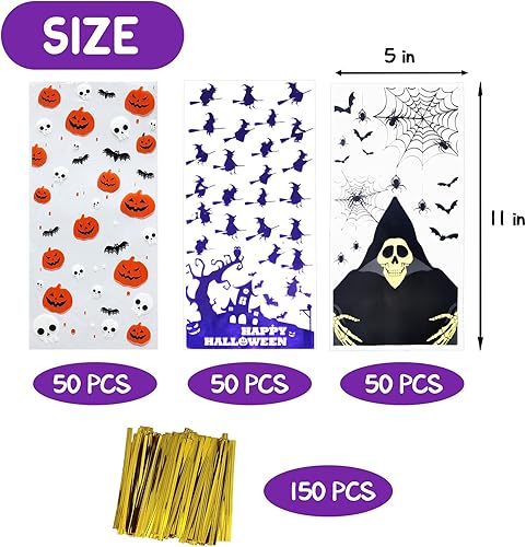 Miniatura 2 de 150 bolsas de golosinas de Halloween, bolsas de celofán de Halloween con lazos giratorios para suministros de fiesta de Halloween