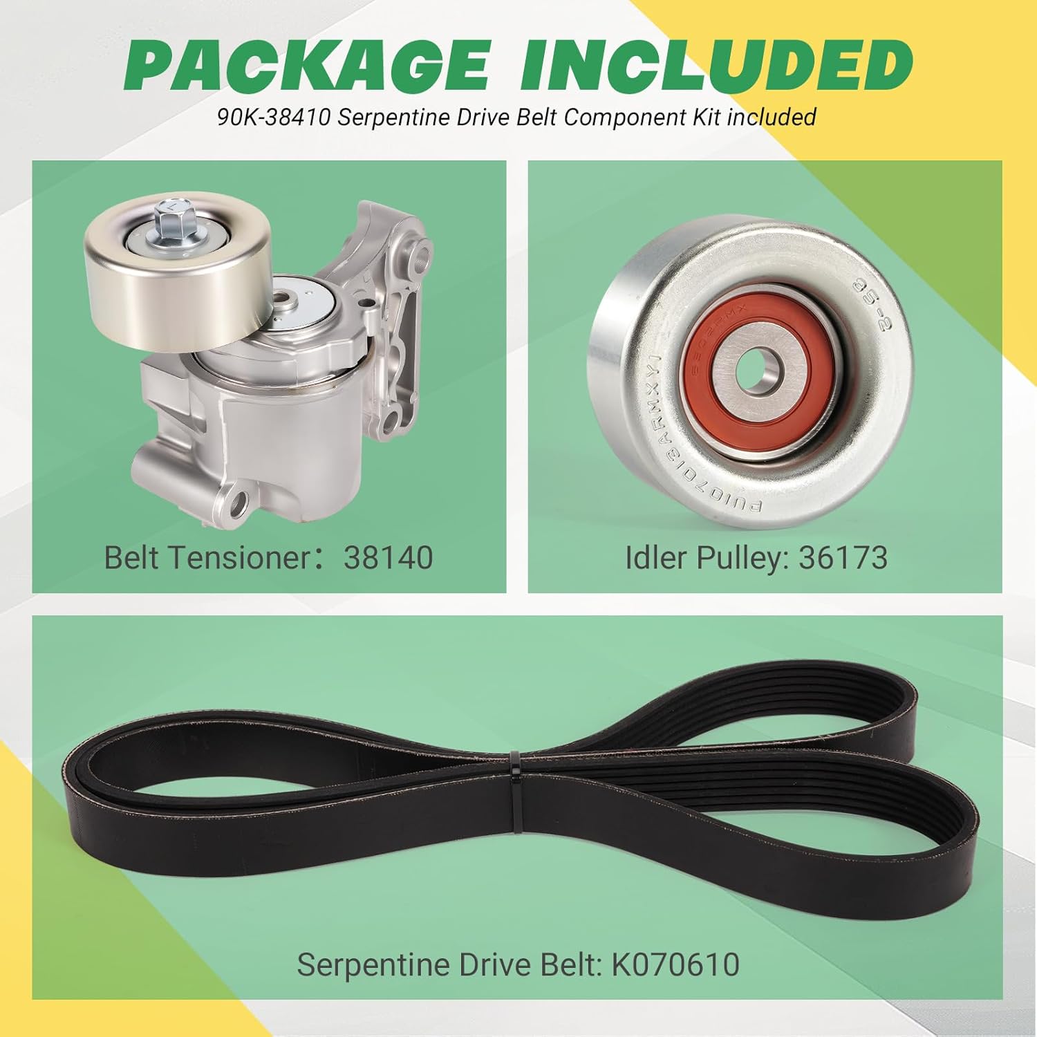 Serpentine Drive Belt Component Kit w/Tensioner & Idler Compatible with Le-xus ES350 RX350 IS250 To-yota RAV4 Sienna Camry Avalon Highlander Venza 2006-2018, Replace 90K-38410