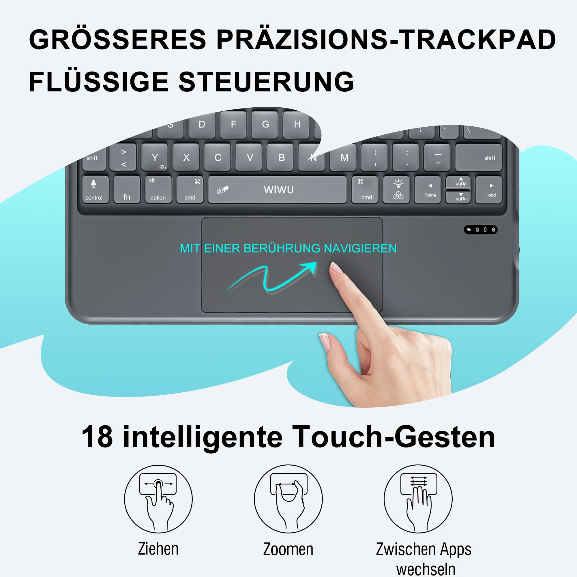 WIWU iPad-Hülle Mit Tastatur Air 11 Zoll M4/M3/M2 10 Gen,360°-Ständer,Magnetisch Abnehmbare Hülle Mit Tastatur,Hintergrundbeleuchteten Tasten,Grau(Für iPad 11/10/Air 5/4/11" (M4/M2/M3)Pro 11" 4/3/2/1)