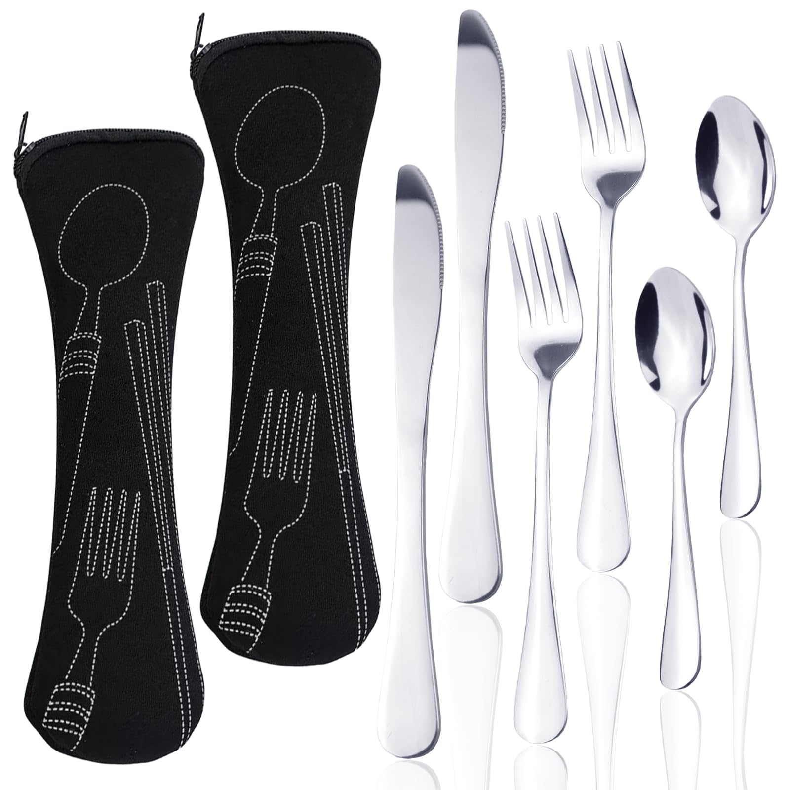LAPOHI 8 PCS Bariatric Plates for Portion Control Eating Portion Management Control Flatware Weight Loss Silverware Serving Spoons Forks Knives with Fabric Storage Bags