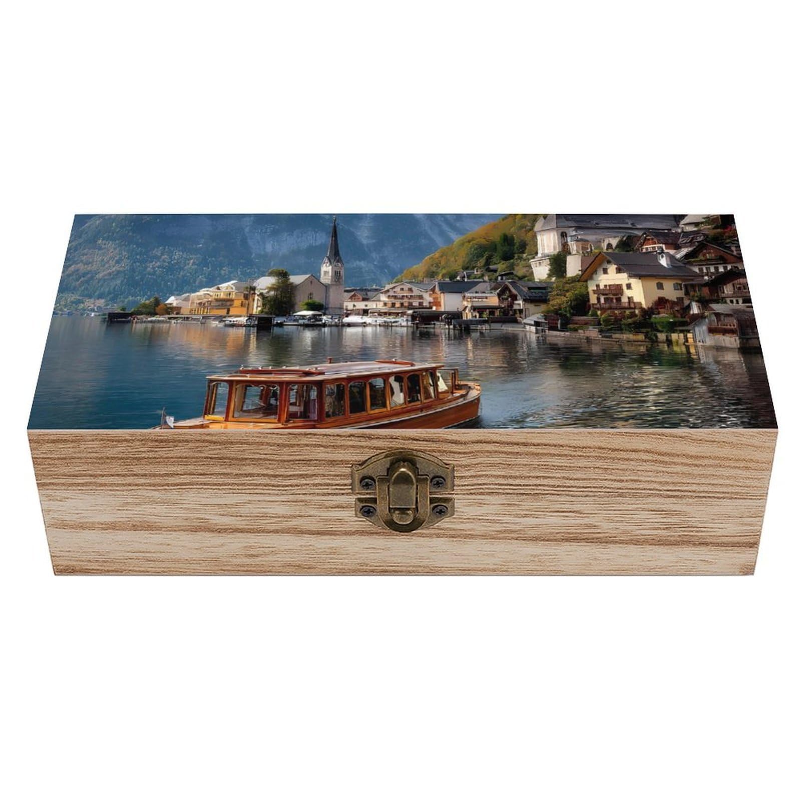 HLBSDM Hallstatt Mountain Village Lake-Alps Wooden Box with Hinged Lid Decorative Storage Case Container