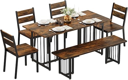 Miniatura 7 de DWVO Juego de mesa de comedor de 63 pulgadas para 6-8 personas, juego de mesa de cocina grande de 6 piezas con 2 bancos y 4 sillas, mesa de comedor