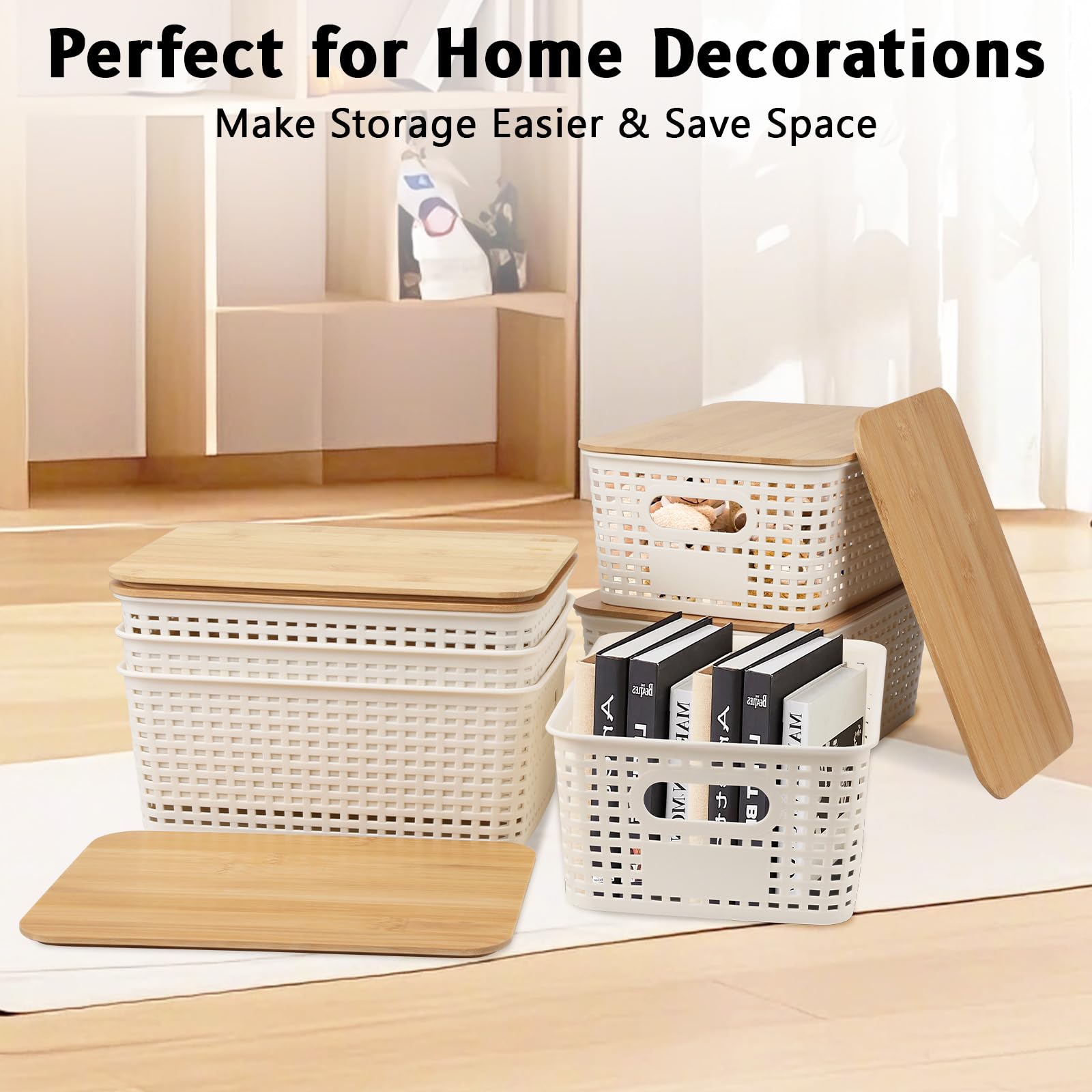GAESHOW Juego de 6 cestas de almacenamiento de plástico con tapa de bambú, cajas de almacenamiento con asas, apilables para ahorrar espacio, color blanco, para baño, cocina, oficina y armarios