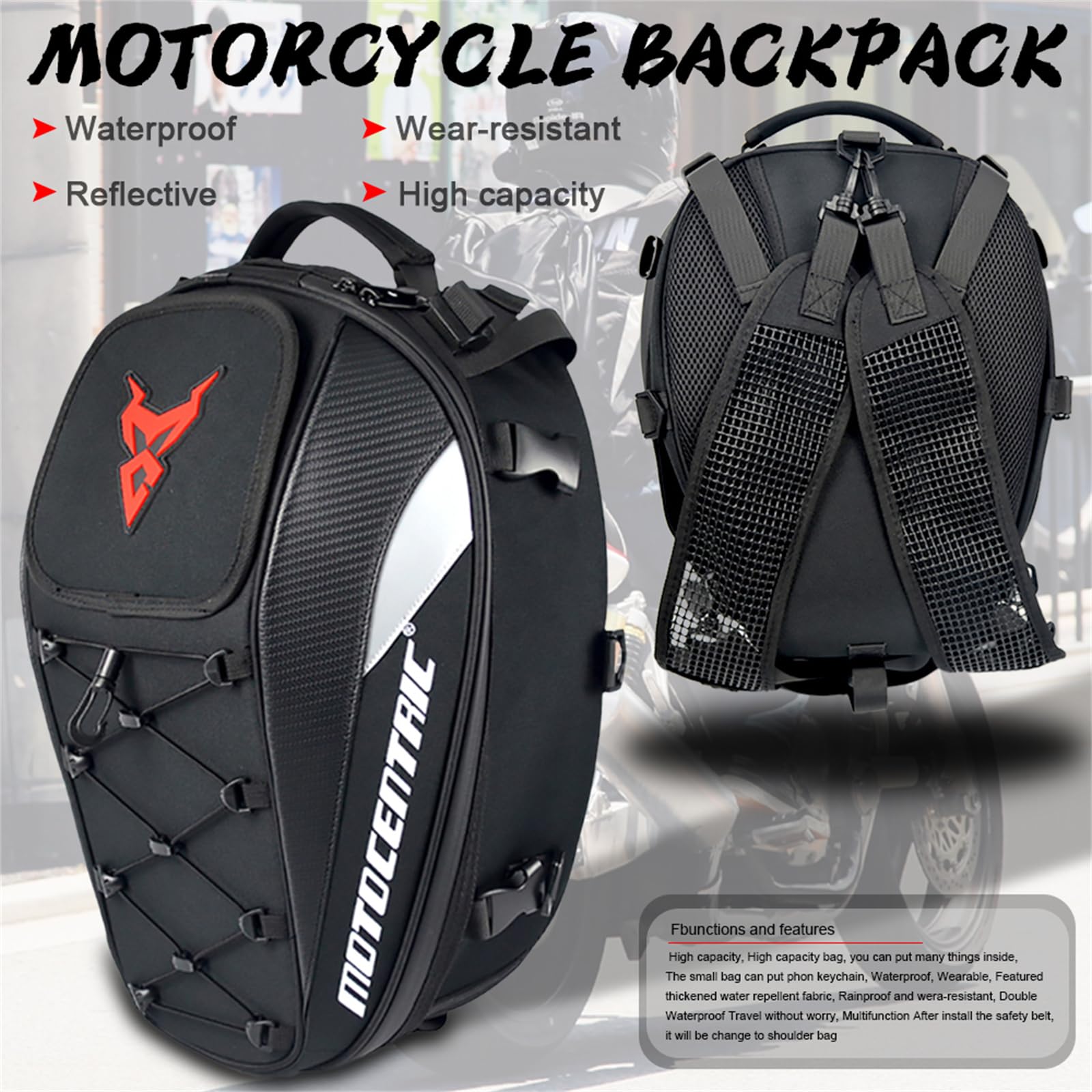 Wasserdichte Motorrad-Hecktasche Helm 38L Multifunktionale Motorrad-Rücksitztasche Motorradtasche mit hoher Kapazität Motorradrucksack (Rot)