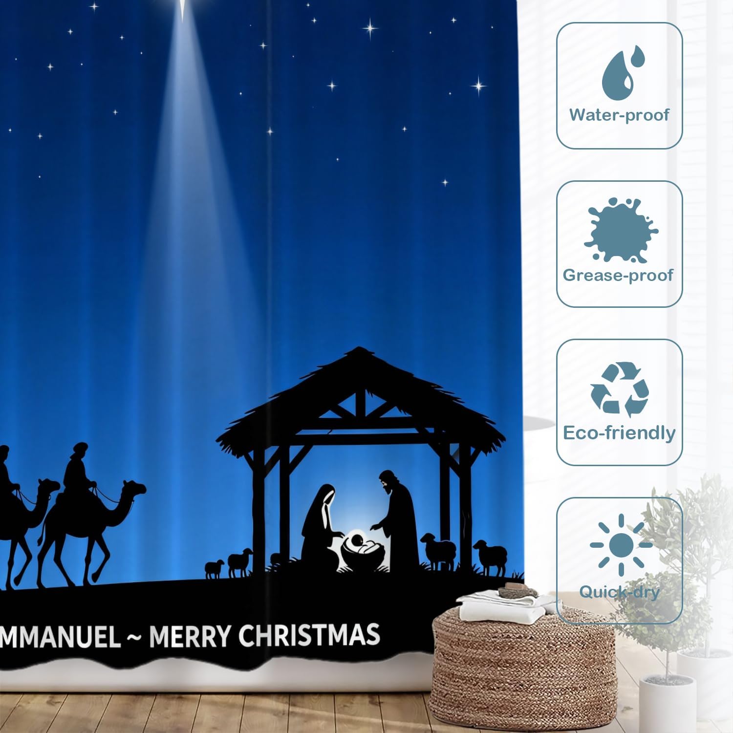 Batmerry Blue Christian Christmas Decor Shower Curtain,Baby Bathroom Decor Polyester Fiber Plastic Rings Quick-Drying Waterproof for Bathtubs/Bathroom, 72x72 inches