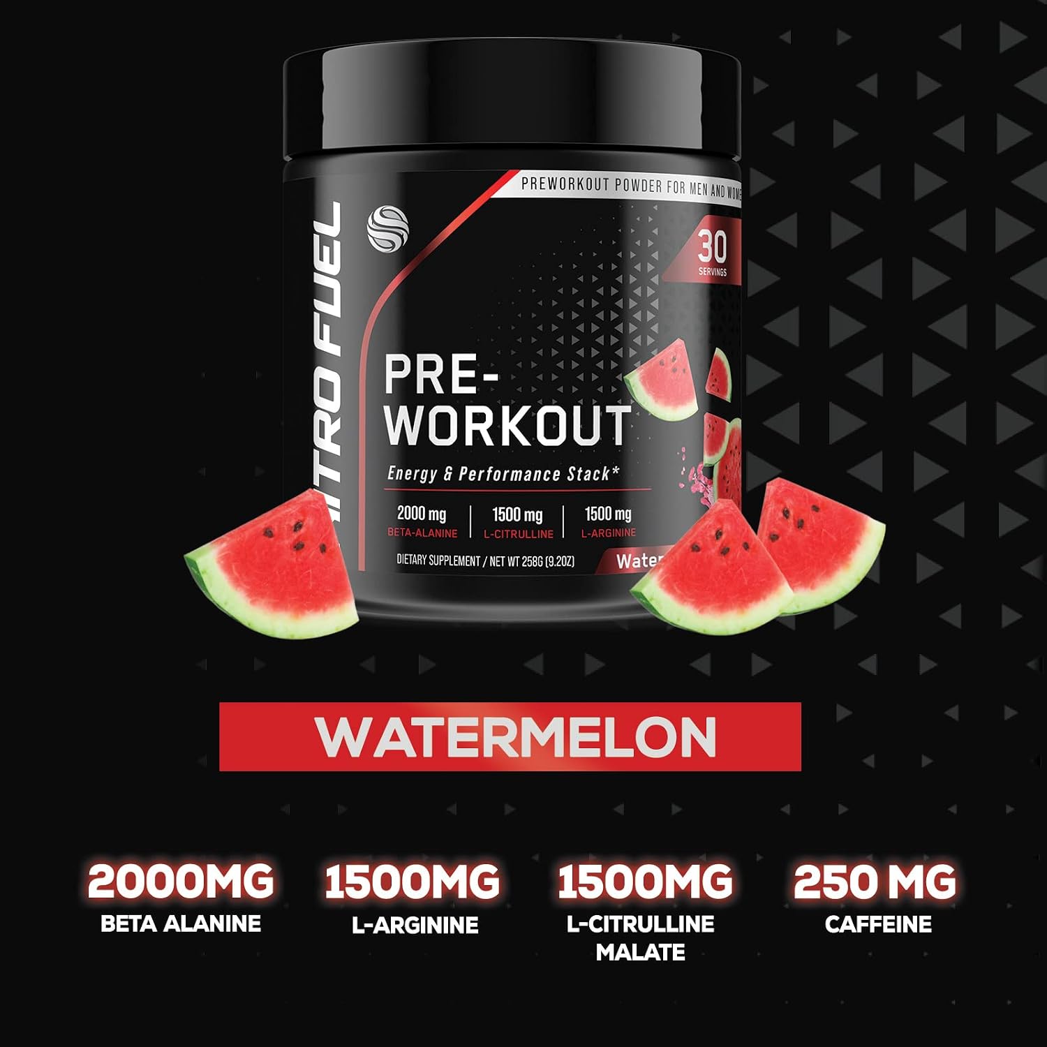 Pre-Workout Powder with Caffeine, L-Arginine & Beta-Alanine for Energy, Endurance & Strength - Watermelon Preworkout Energy Supplement for Men & Women, Non-GMO, Gluten-Free, No Creatine - 30 Servings