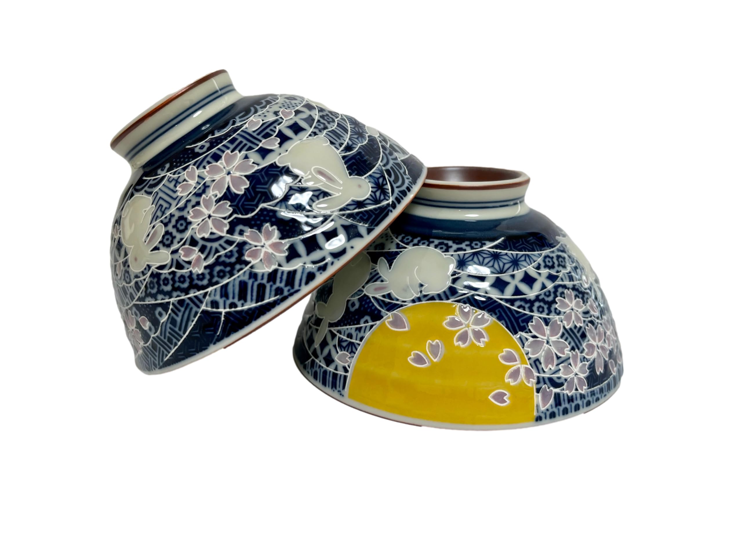 Juego de 2 cuencos de arroz de cerámica japoneses Mino Ware, conejos, luna y flores de cerezo, 4.84 pulgadas de diámetro x 2.6 pulgadas de alto, 13.3 onzas líquidas, juego de 2 de Japón (conejos,