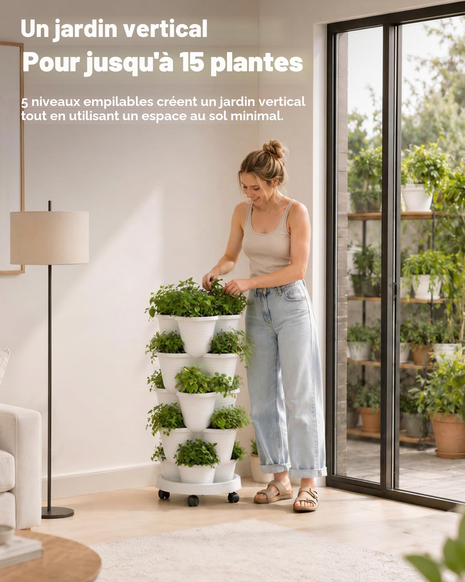 Bamworld Jardinière sur Pied 5 Niveaux Empilable avec roulettes Bloquables, pour Intérieur, Extérieur et Balcon, pour Herbes, Fraises et Légumes, Blanc