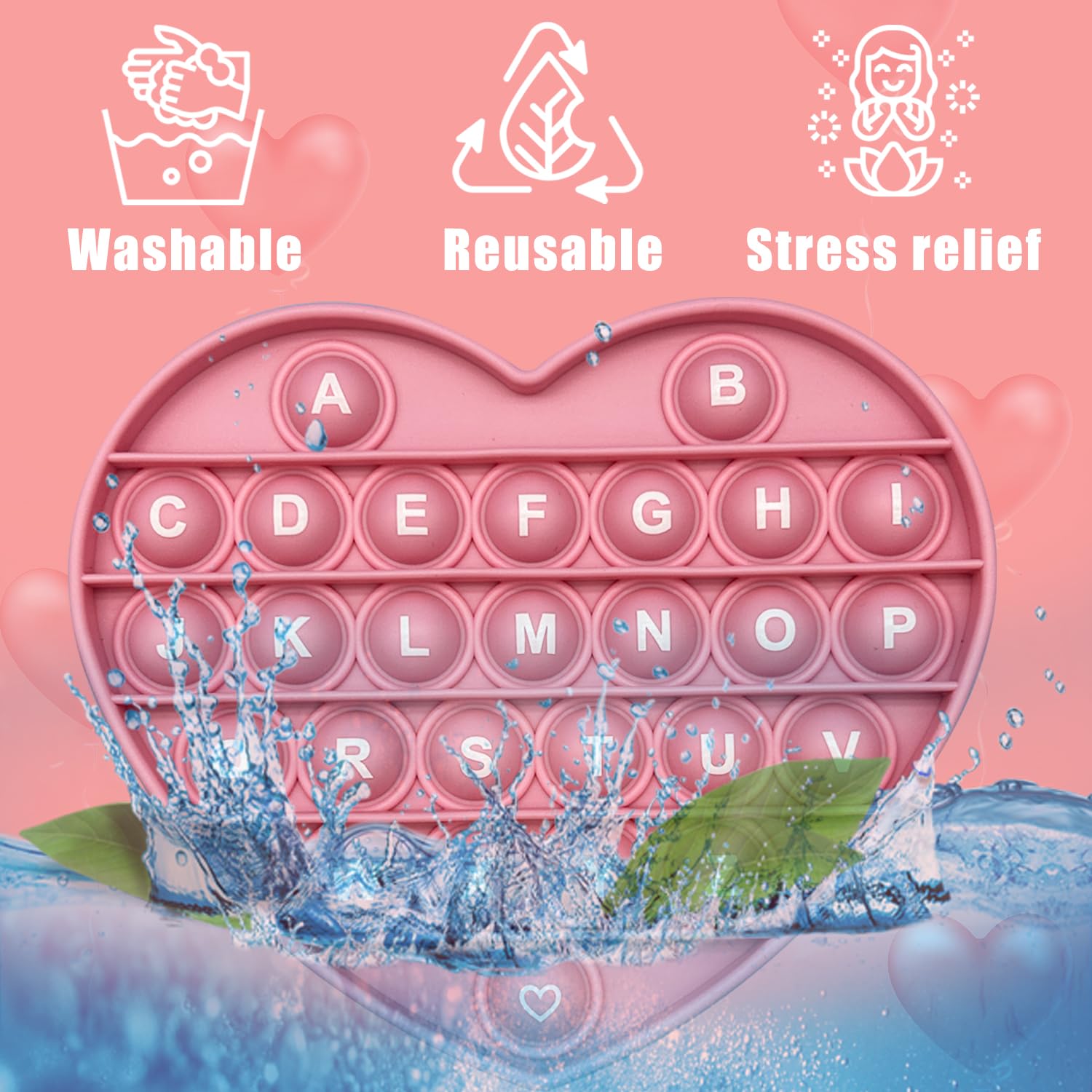 unitedessentialgoods Pink Heart Shaped Pop Bubble Valentines Fidget Toy with Letters and Numbers, Xmas Gift Sensory Toy with Alphabets Kids Birthday Party Classroom Prize Stress Reliever 3
