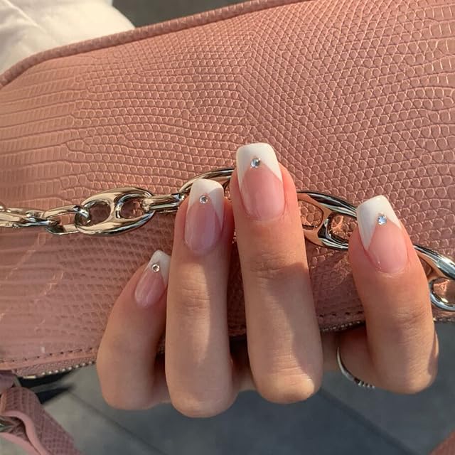 White Press on Nails, Medium Length Stick on Nails, 24pcs Long Square Shaped Acrylic False Nails with Glue and Glue Sticker Elegant French Ballet Design White Fake Nails for Women Girls